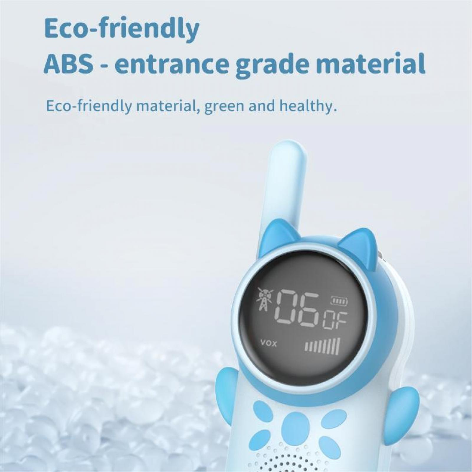 Ein blau-weißer Babyphone mit Katzenohren. Der Bildschirm zeigt Zahlen an. Text: Umweltfreundliches ABS.