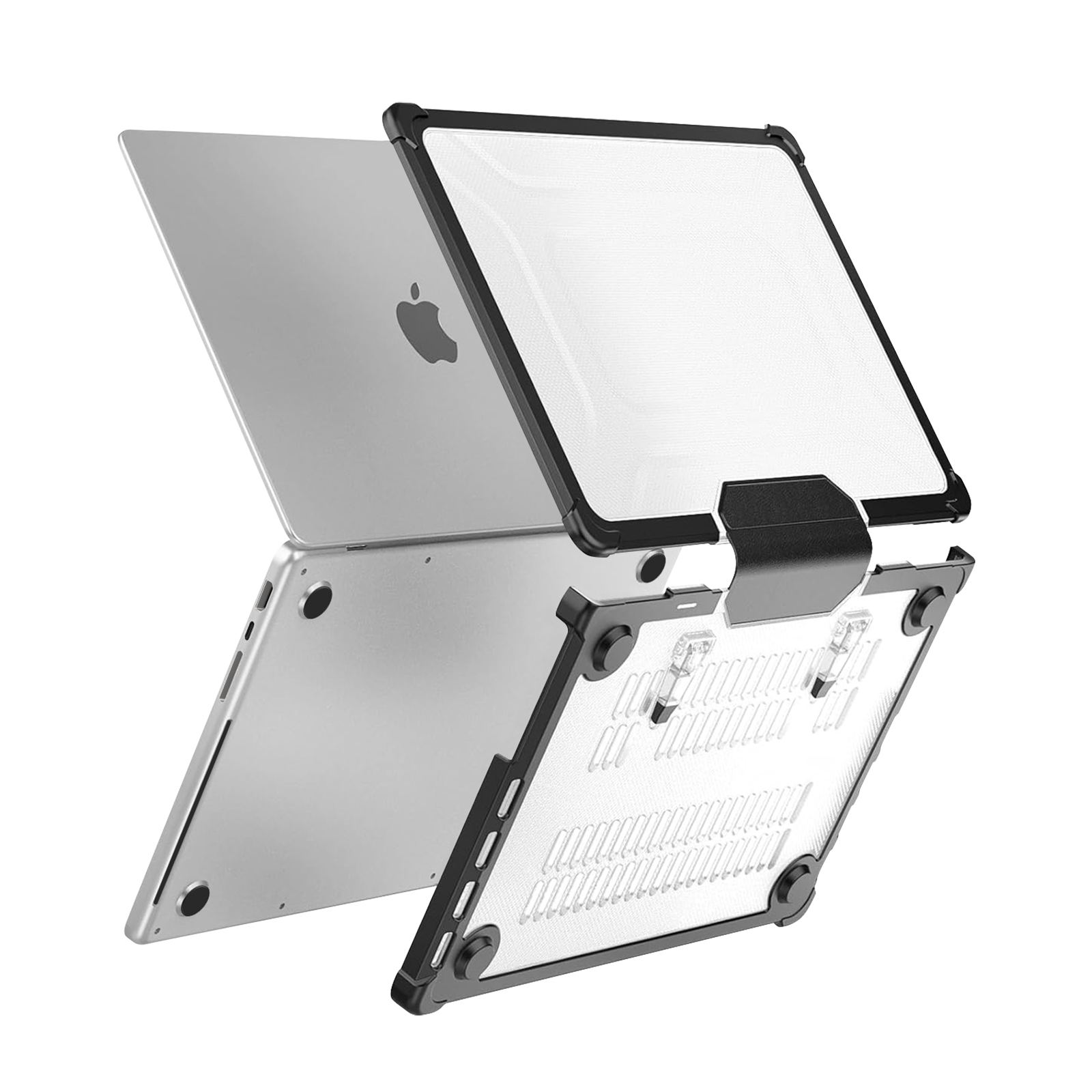 Silberner Laptop mit Apple-Logo, teilweise bedeckt von einer transparenten Hülle mit schwarzen Rändern, auf weißem Hintergrund.
