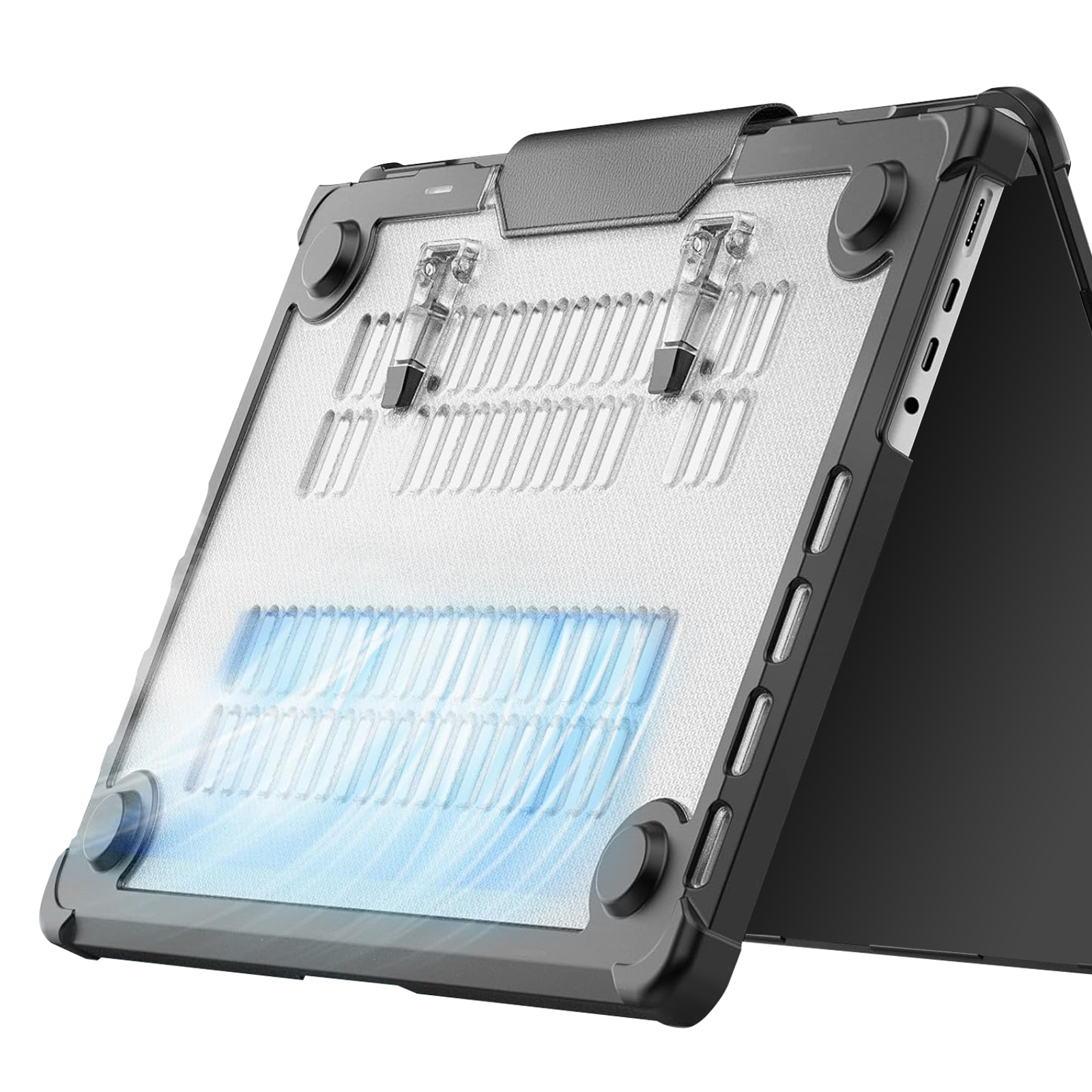 Laptop-Hülle mit durchsichtiger, belüfteter Abdeckung. Blaue Luft strömt durch die Schlitze. Schwarze Ränder und Scharniere. Graue Akzente und ein schwarzer Laptop.