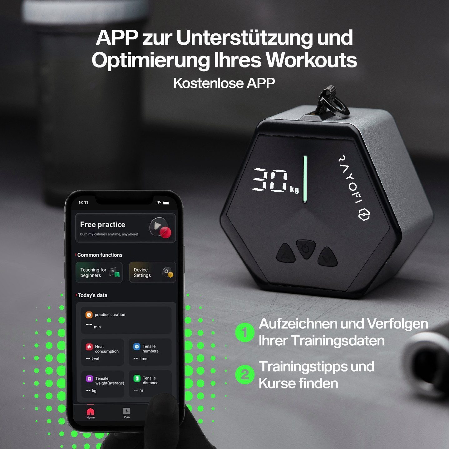 Ein Telefon zeigt die Benutzeroberfläche einer Fitness-App. Ein graues Hexagongerät zeigt 30 kg an. Text: 'APP zur Unterstützung...'
