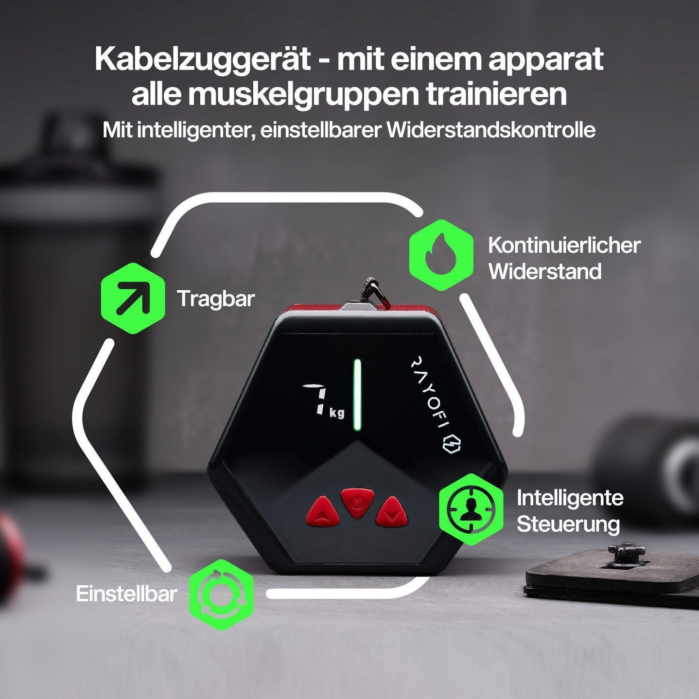 Ein schwarzes Fitnessgerät mit Digitalanzeige, roten Knöpfen und grünen Symbolen. Text erwähnt Tragbarkeit, einstellbaren Widerstand und intelligente Steuerung.
