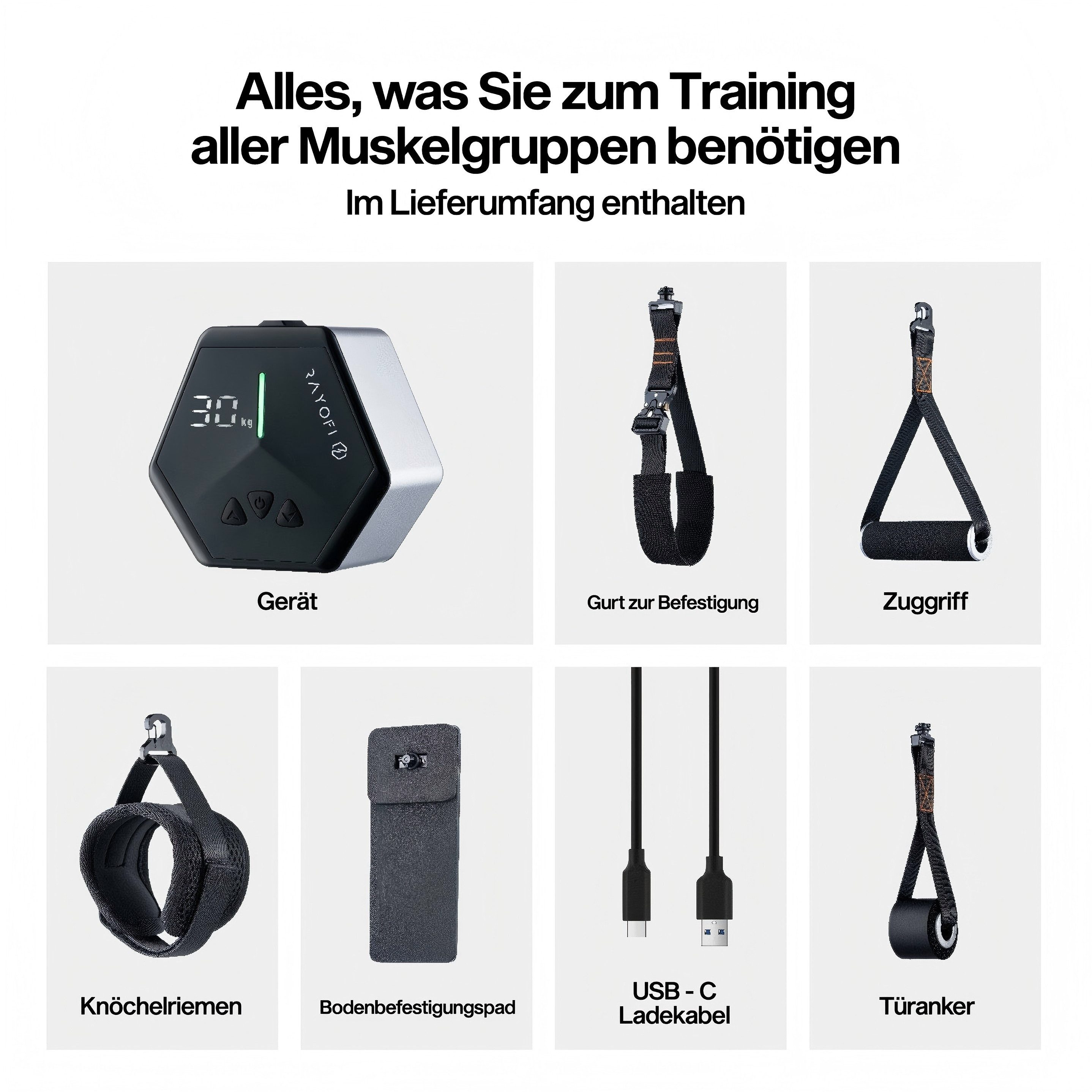 Das Bild zeigt Trainingsgeräte: ein Gerät, Gurte, Griffe, Knöchelriemen, ein Pad, ein Ladekabel und ein Türanker.