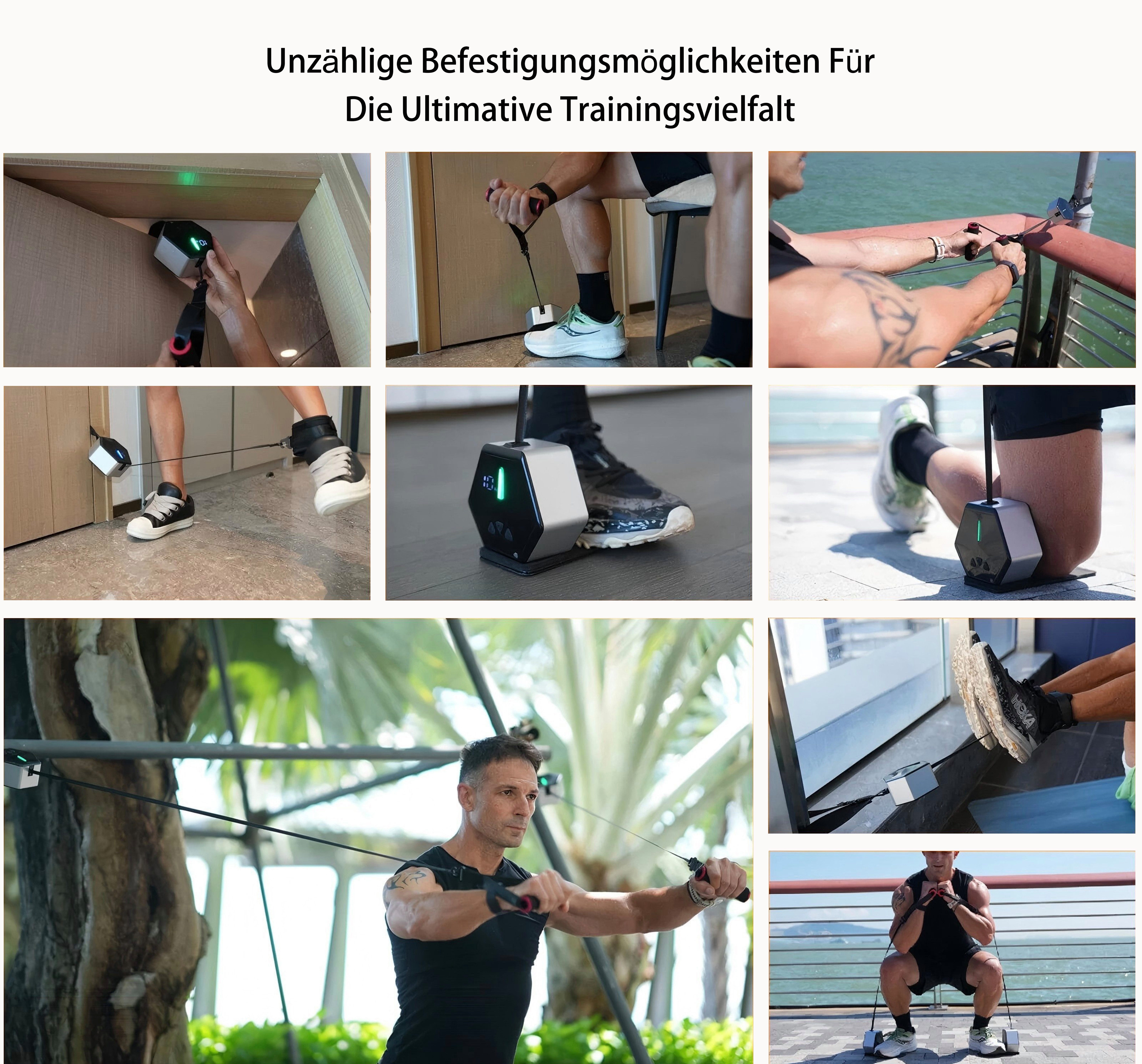 Das Bild zeigt verschiedene Personen, die ein Widerstandstrainingsgerät in verschiedenen Umgebungen verwenden.