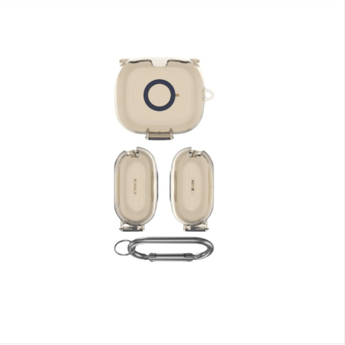 Una custodia per auricolari beige aperta con due auricolari separati sotto e un moschettone argentato in basso su sfondo bianco.