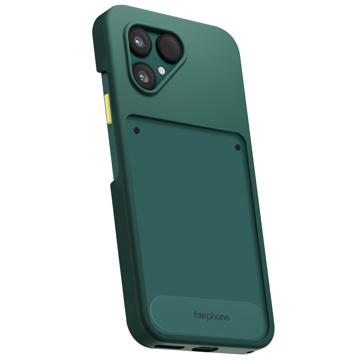 Un étui Fairphone vert est incliné. Il possède un module caméra, un logement pour carte et le logo Fairphone. Le fond est blanc.