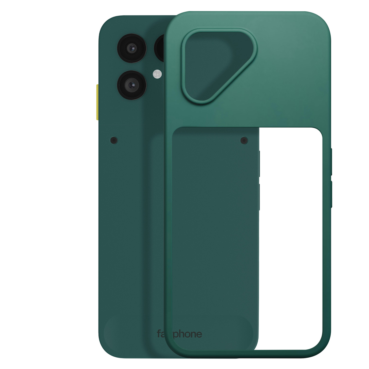 Coque de téléphone verte avec découpe pour l'appareil photo. Une seconde coque est à côté. Les coques sont sur fond blanc.