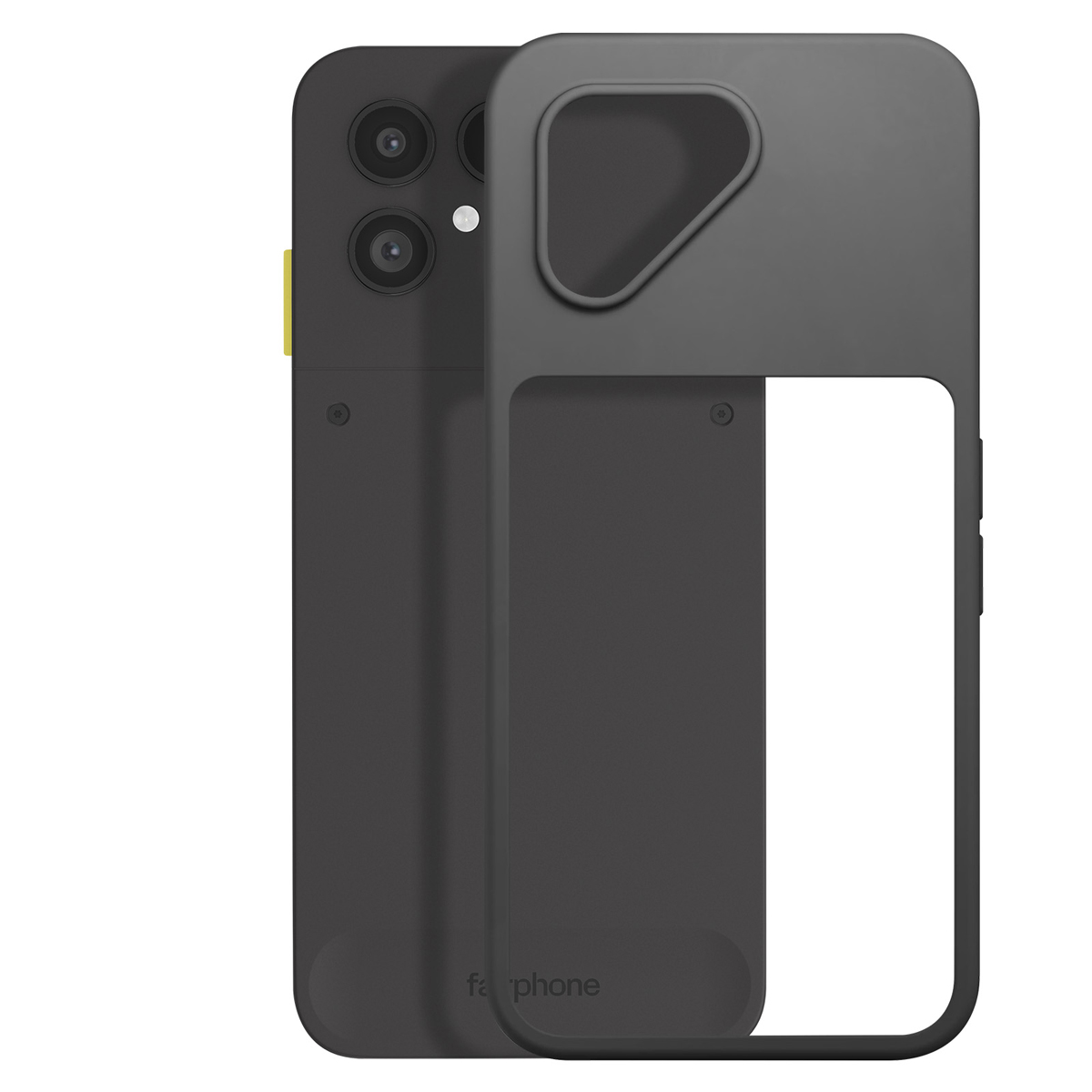 Teléfono gris oscuro con lentes de cámara y una funda a juego. La funda tiene un gran recorte para la cámara y la pantalla.