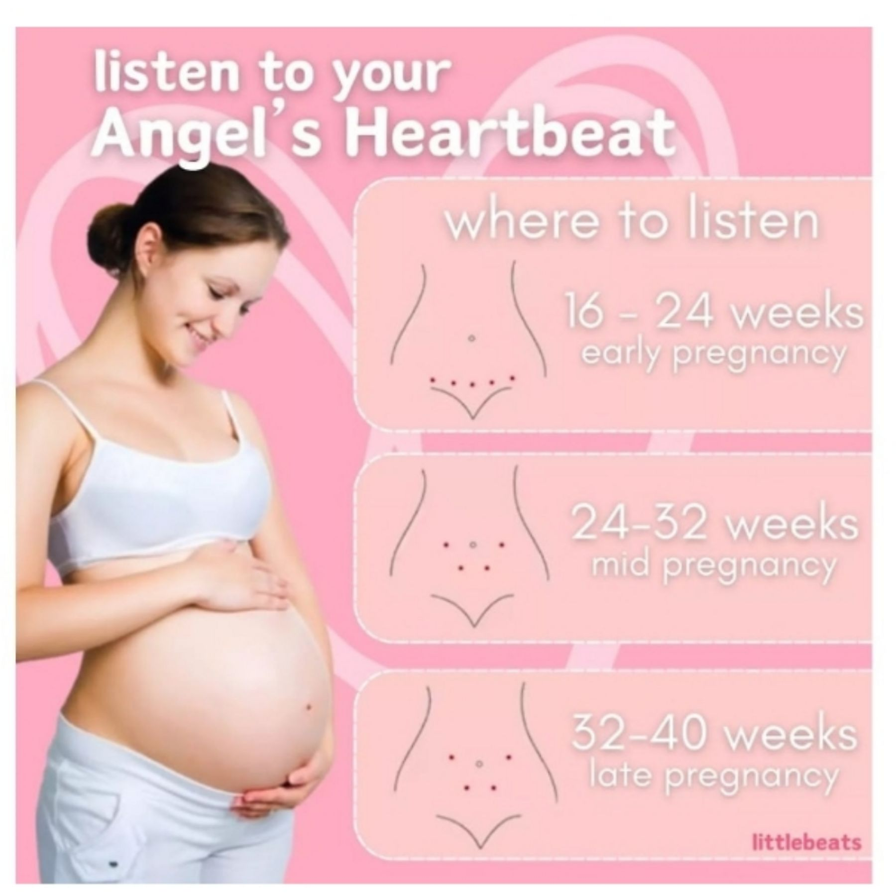 Schwangere Frau, die ihren Bauch berührt, neben einer Anleitung, die zeigt, wo man in verschiedenen Schwangerschaftsstadien den Herzschlag des Babys hört.