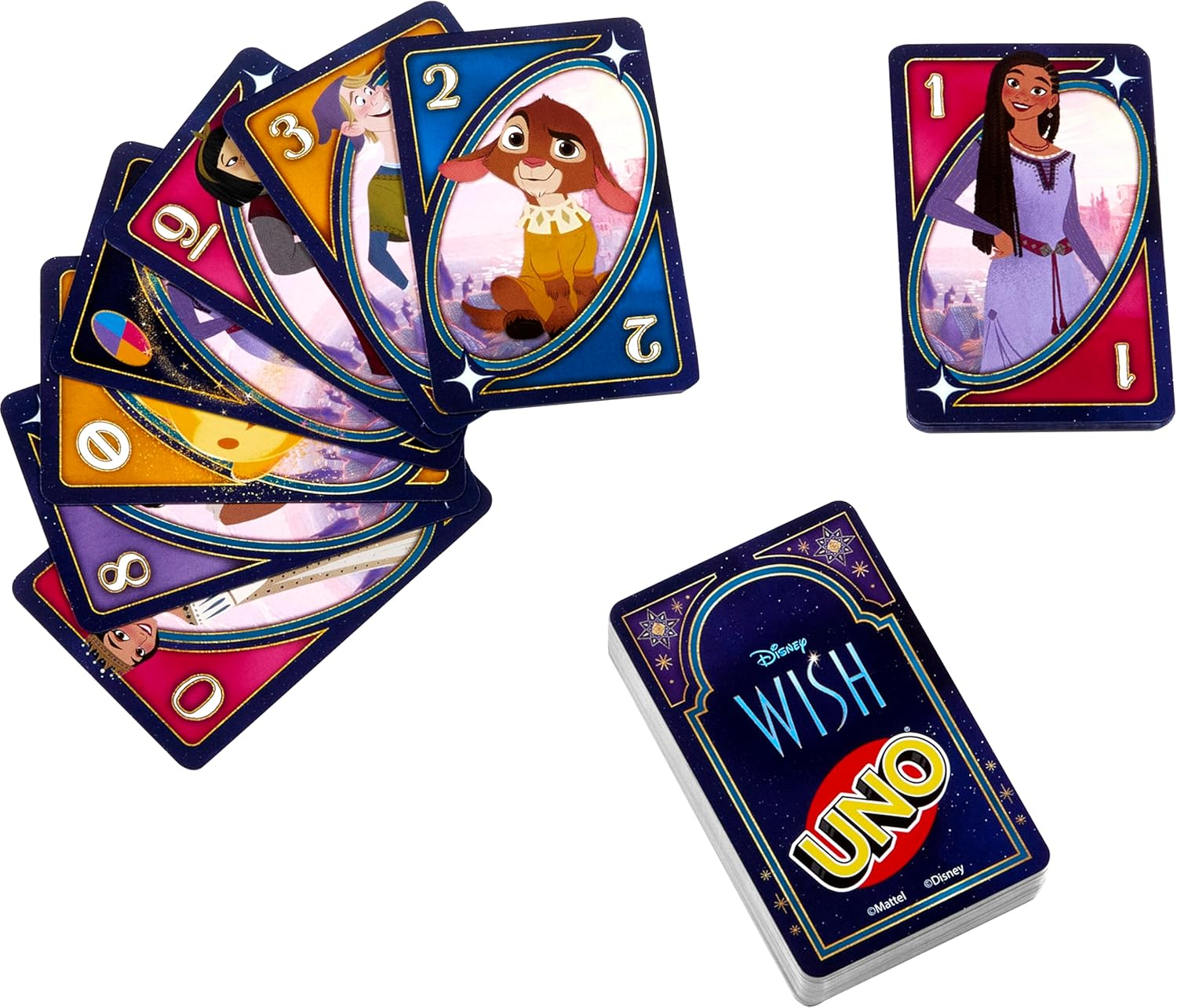 Disney Wish UNO Karten. Karten zeigen Disney-Figuren und Zahlen. Ein Kartenspiel befindet sich unten rechts.