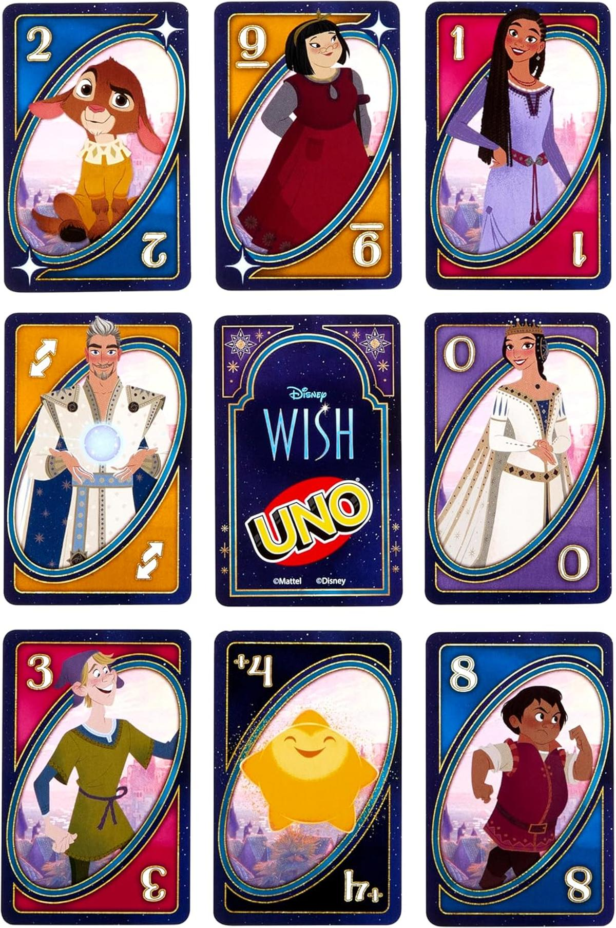 Uno-Karten mit Figuren aus Disneys Wish. Karten zeigen Charaktere wie ein Kaninchen, eine Frau in Rot und eine Frau mit langen Haaren.