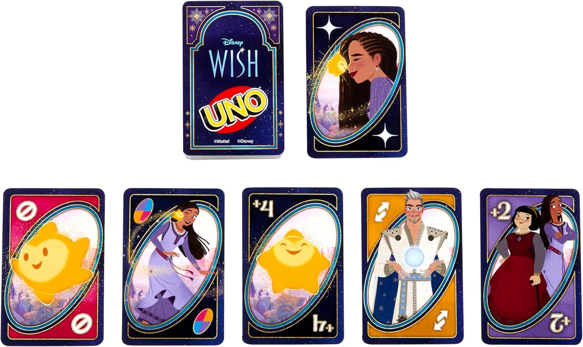 Uno-Karten mit Disney Wish-Charakteren. Karten zeigen Asha, Star und andere Charaktere. Das Deck enthält Sonderkarten und ein Wish-Logo.