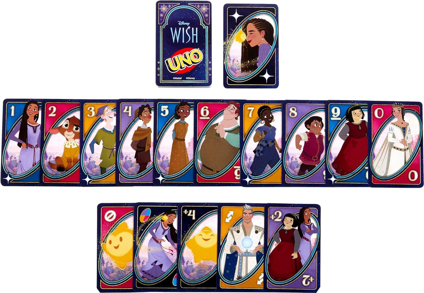 Ein Uno-Kartenspiel mit Disney Wish-Charakteren. Karten zeigen verschiedene Charaktere und Spezialaktionskarten mit einzigartigen Symbolen.