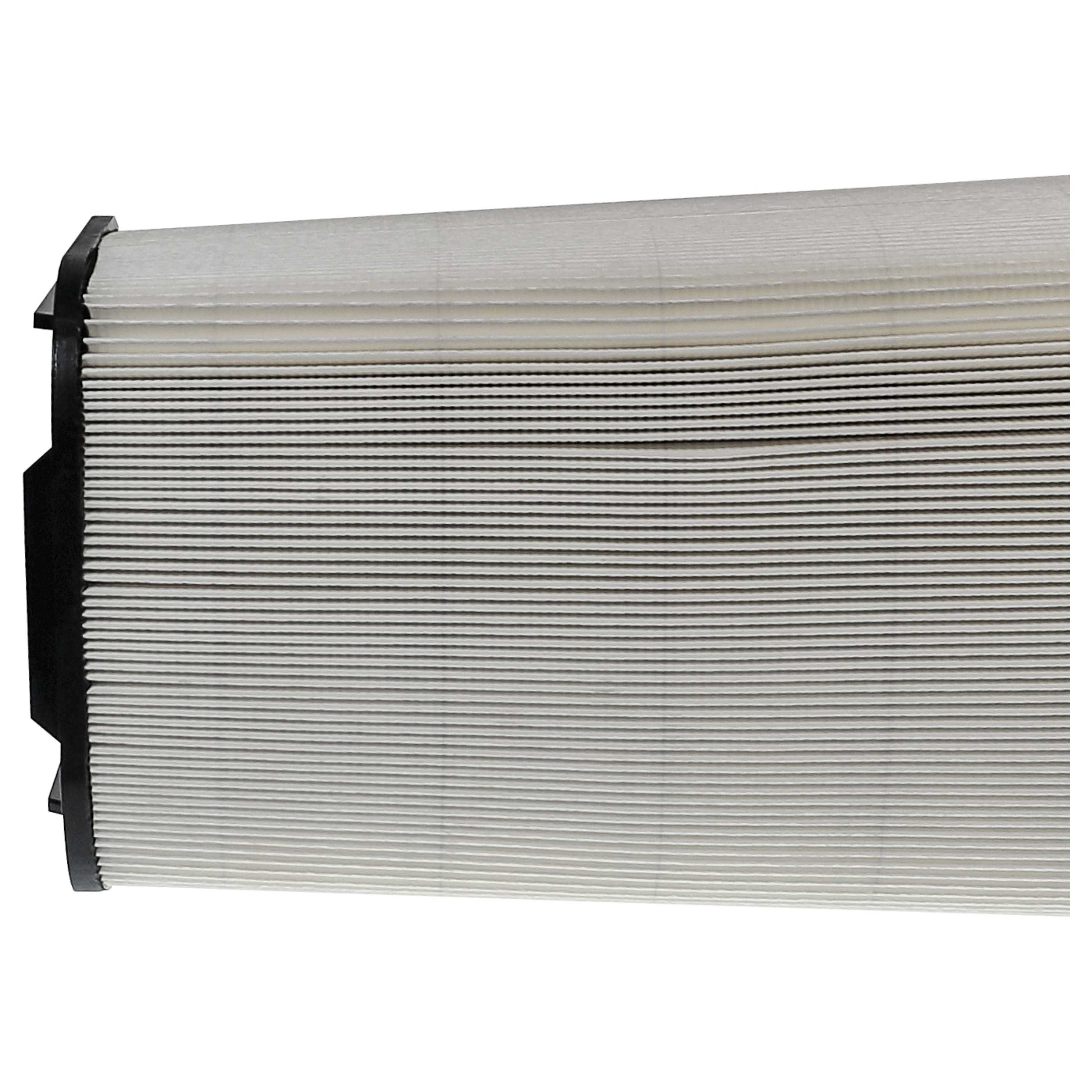 Ein Luftfilter ist zu sehen. Es ist weiß mit vielen horizontalen Linien. Der Filter ist rechteckig, mit einem schwarzen Rahmen auf einer Seite.