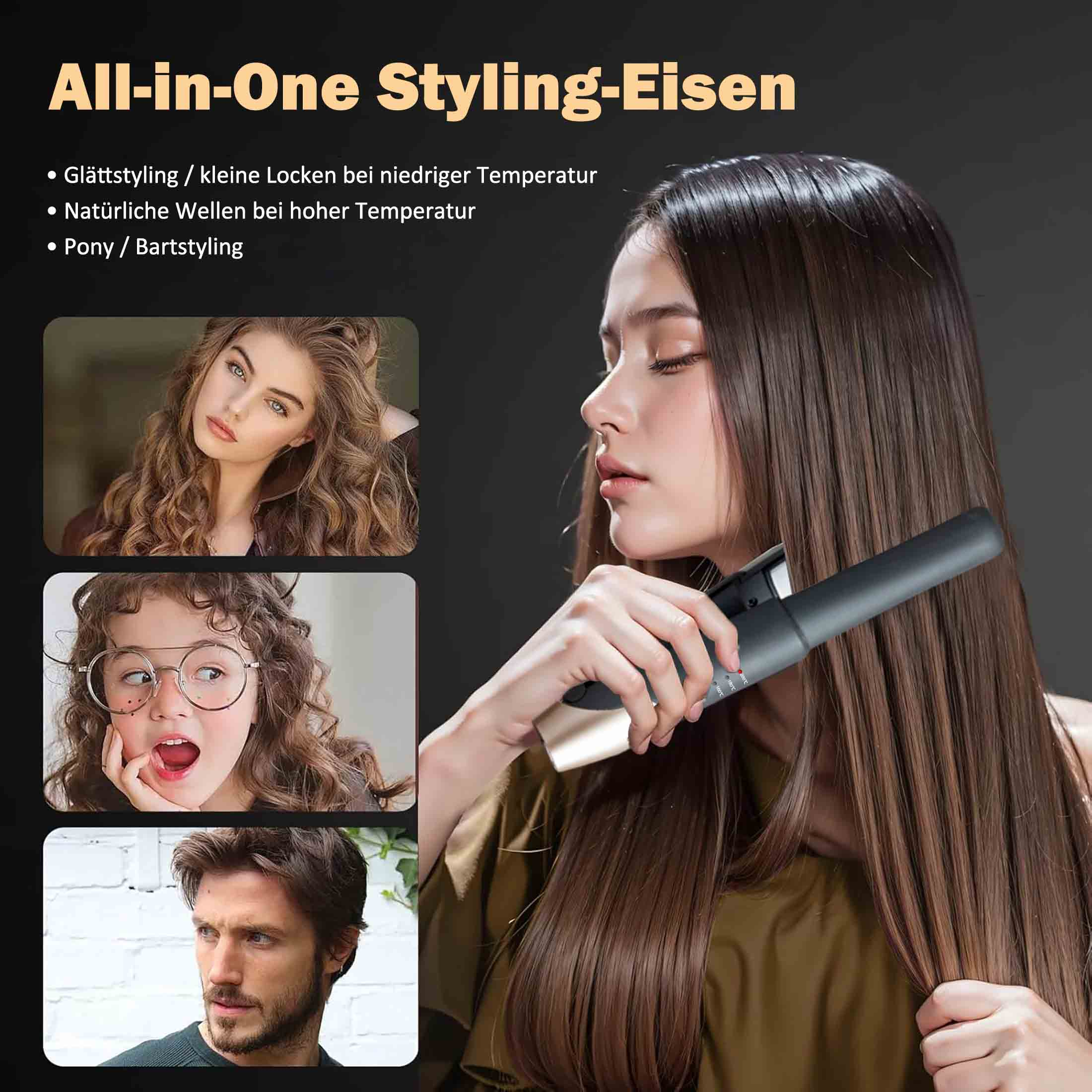 Eine Frau benutzt ein Haarstyling-Werkzeug. Das Bild enthält drei kleinere Bilder: eine Frau, ein Kind und ein Mann.
