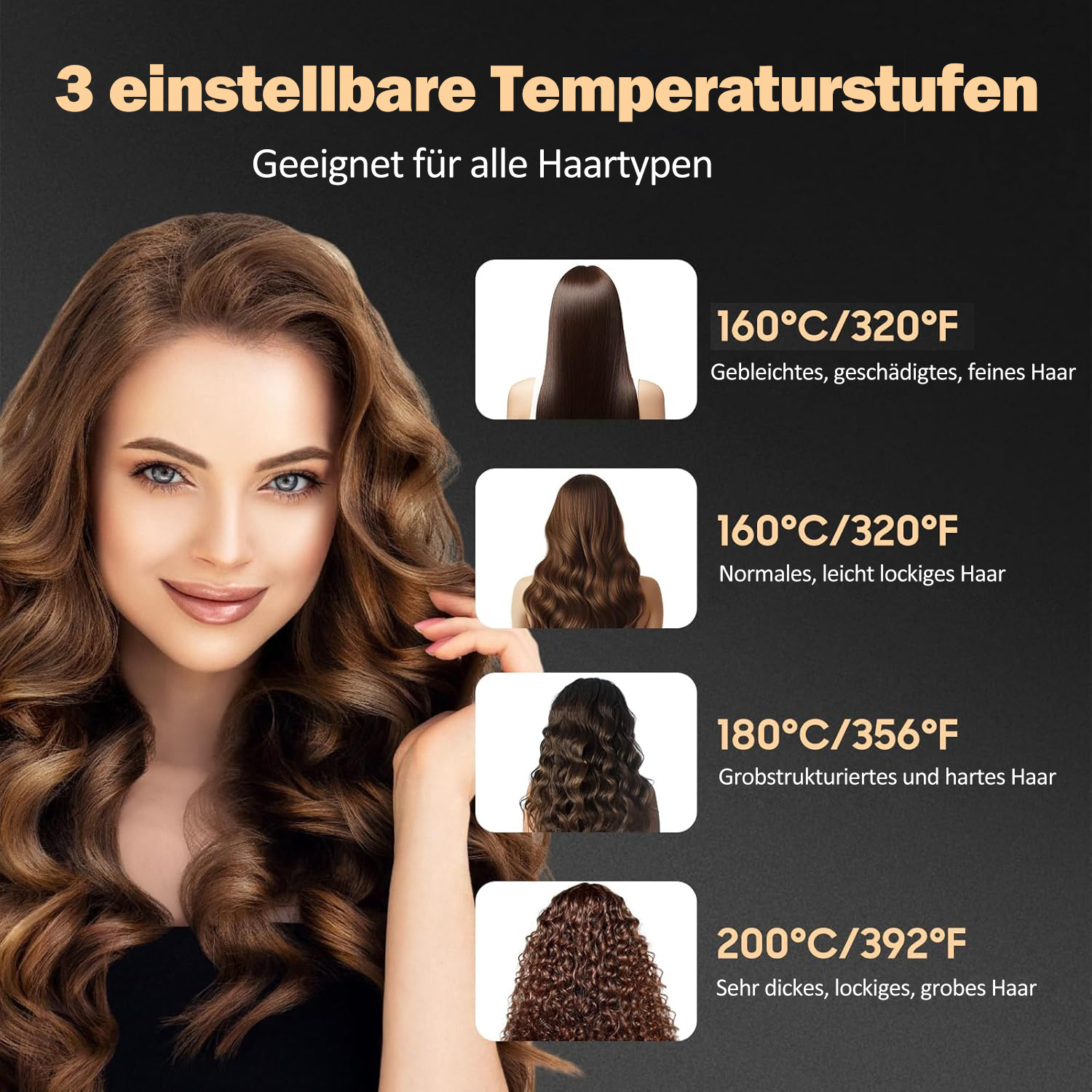 Eine Frau mit lockigem, braunem Haar wird gezeigt. Der Text hebt 3 Temperatureinstellungen für Haartypen hervor: fein, normal und dick.