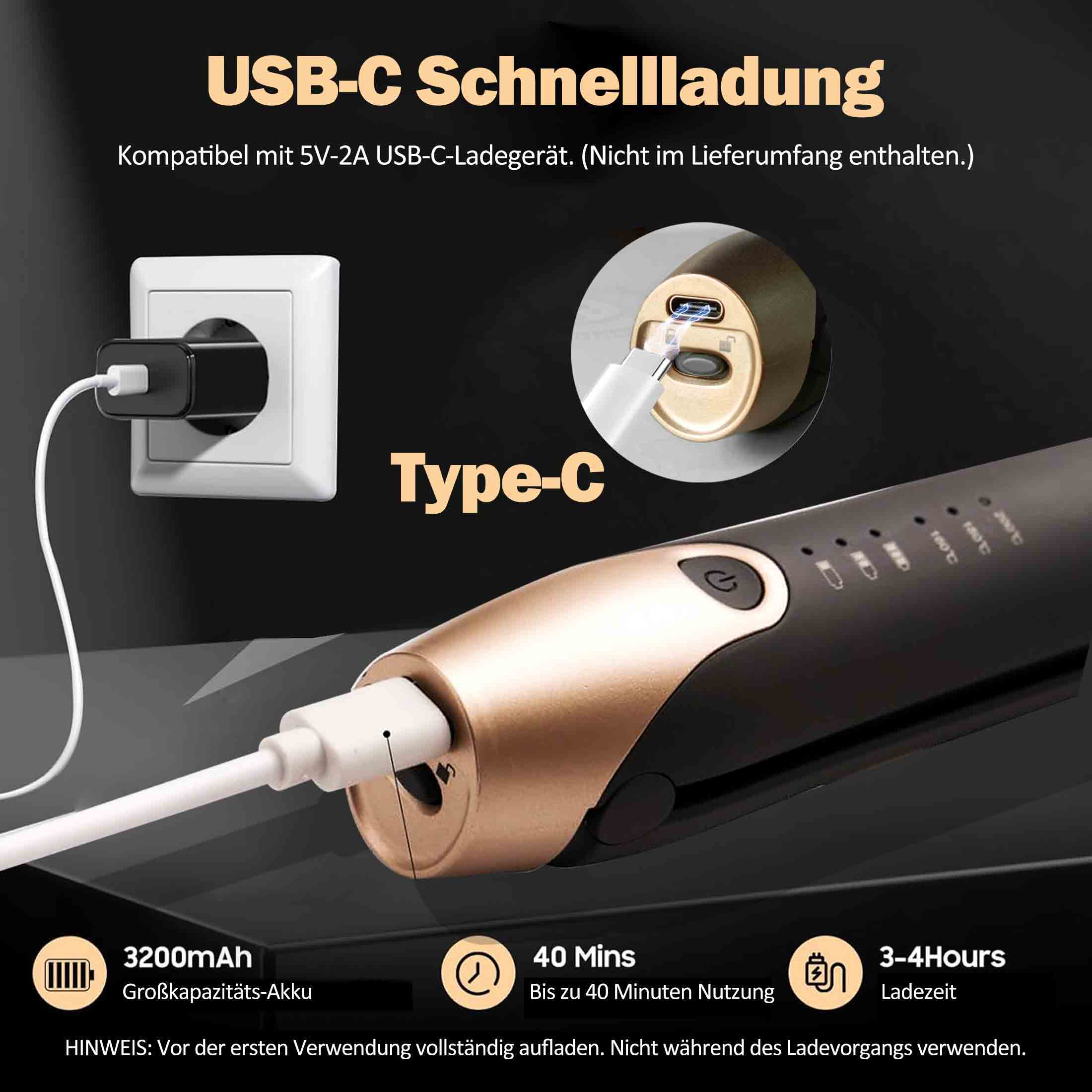 Das Bild zeigt ein Haarstyling-Tool mit USB-C-Ladeanschluss. Details umfassen Akku, Nutzungs- und Ladezeit.