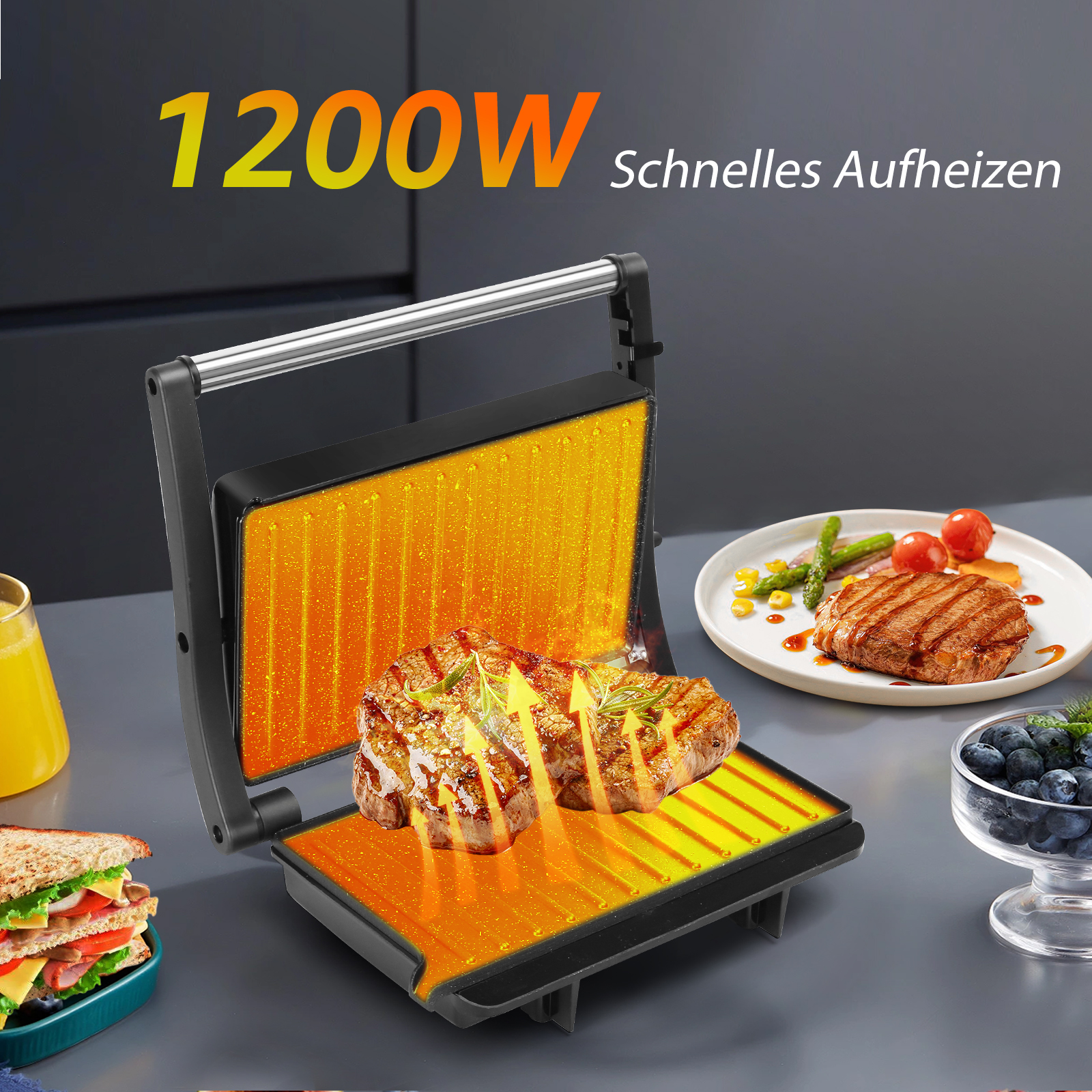 Ein offener Elektrogrill mit Steak, Gemüse und Blaubeeren. Der Grill ist in Betrieb, mit dem Text: 1200W und Schnelles Aufheizen.