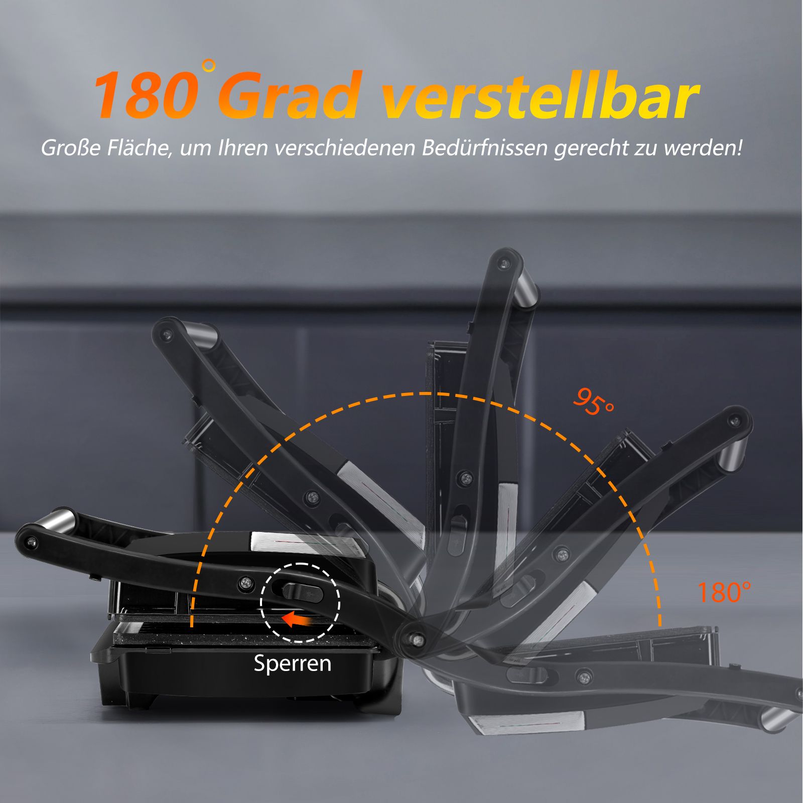 Schwarzes Gerät mit einstellbaren Winkeln bis zu 180 Grad. Text zeigt 'verstellbar 180 Grad' und 'Sperren'.