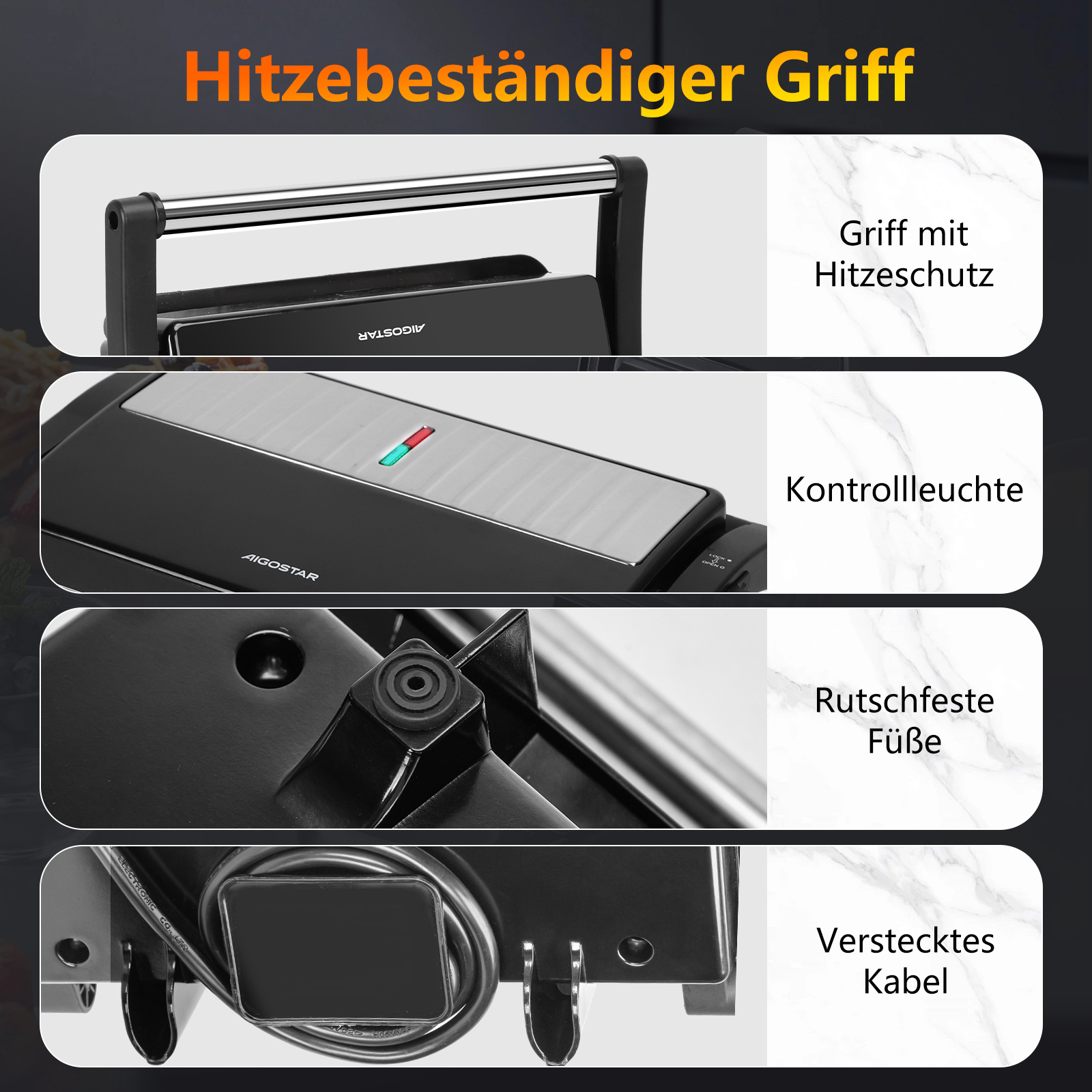 Nahaufnahme eines schwarzen Toasters mit Griff und Kontrollleuchten. Mit verstecktem Kabel und rutschfesten Füßen. Marke AIGOSTAR.