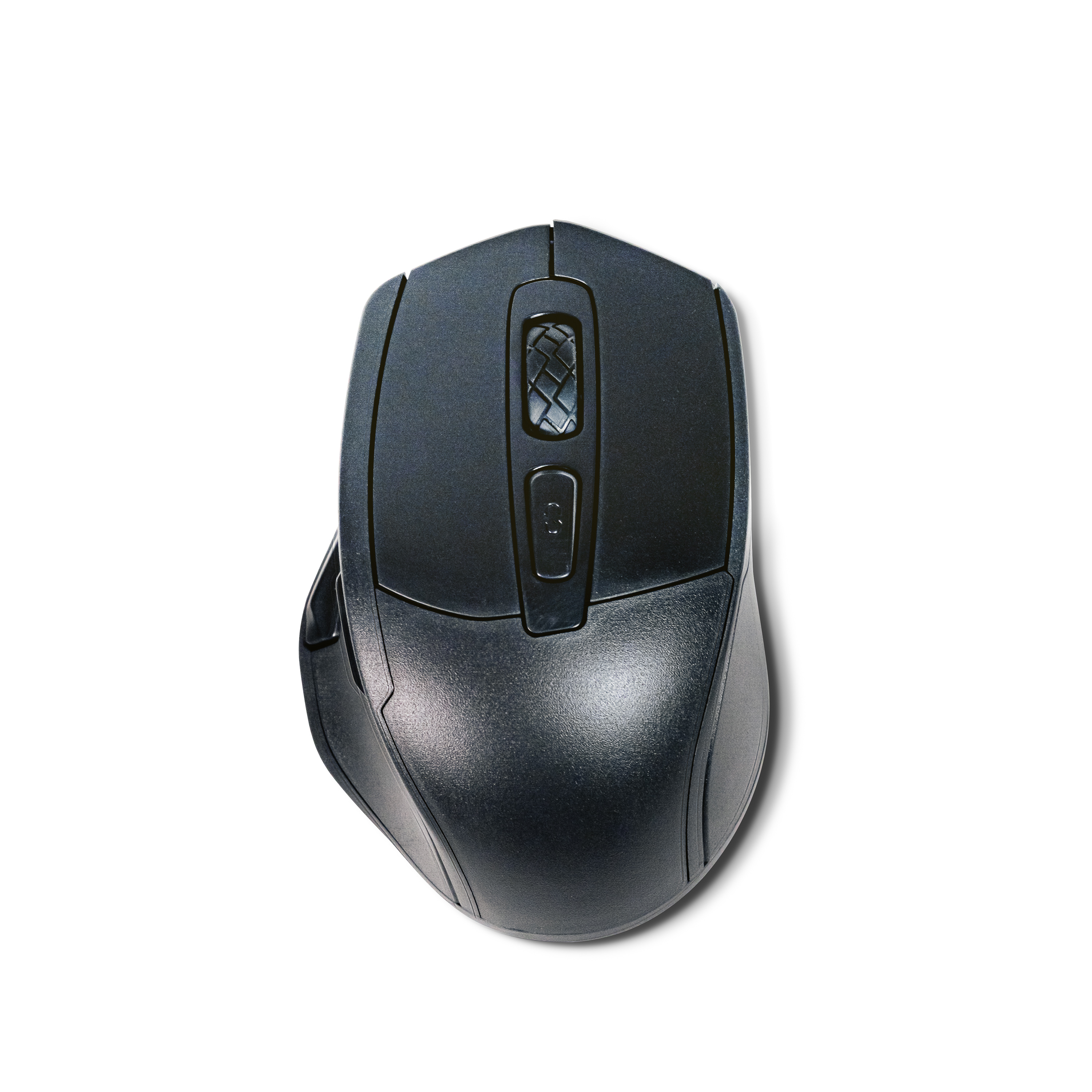 Eine schwarze, kabellose Computermaus befindet sich mittig auf weißem Hintergrund. Sie hat ein Scrollrad und Tasten.