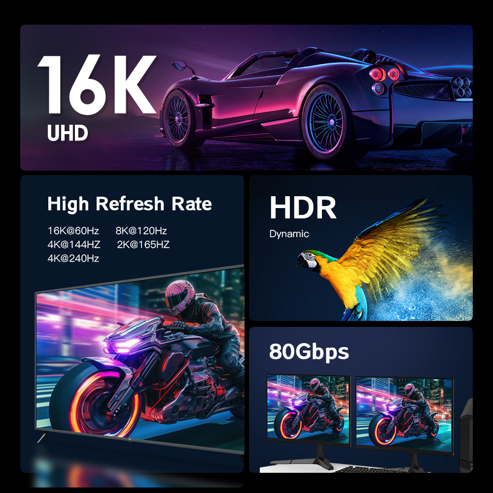 Image showcases 16K UHD display features: high refresh rate, HDR, and 80Gbps. Includes a sports car, a parrot, and a motorcycle.