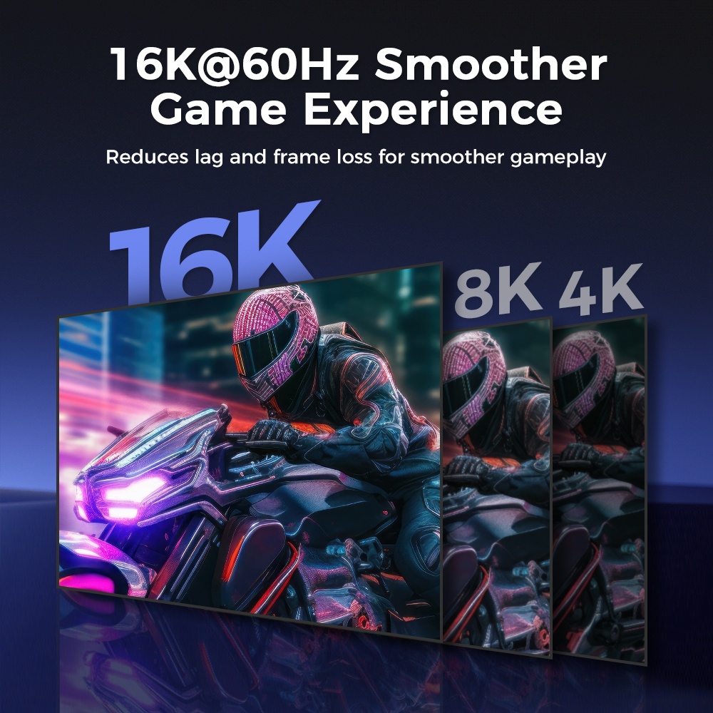 Image shows a motorcycle racer with a pink helmet, with displays indicating 16K, 8K, and 4K resolution, advertising smoother gameplay.