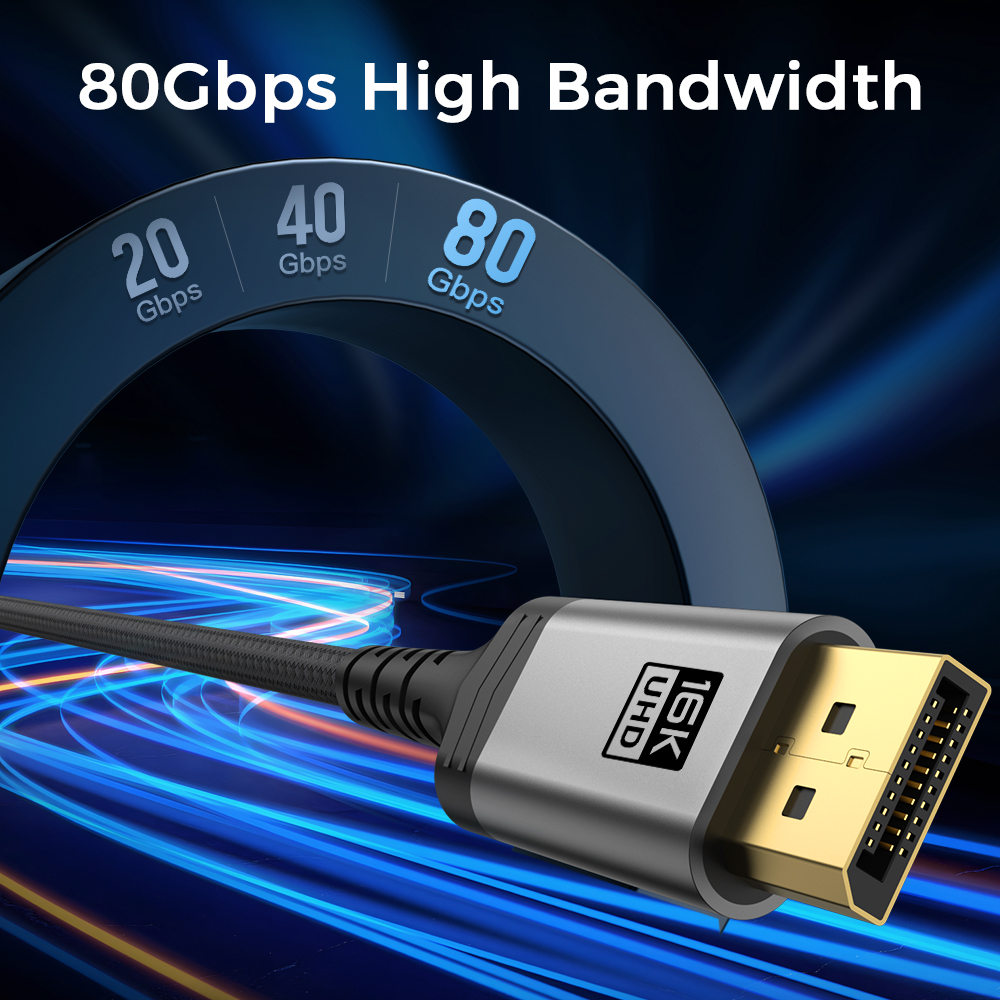 A DisplayPort cable. Text reads '80Gbps High Bandwidth'. Numbers 20, 40, and 80 are shown. The cable has a silver connector with a gold end.