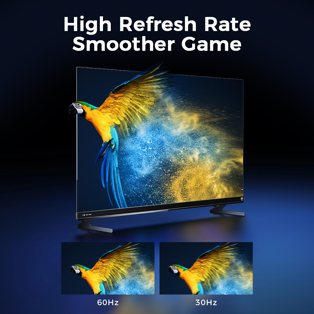 A parrot flies out of a TV screen. Text above reads 'High Refresh Rate Smoother Game'. Two smaller screens below show 60Hz and 30Hz.