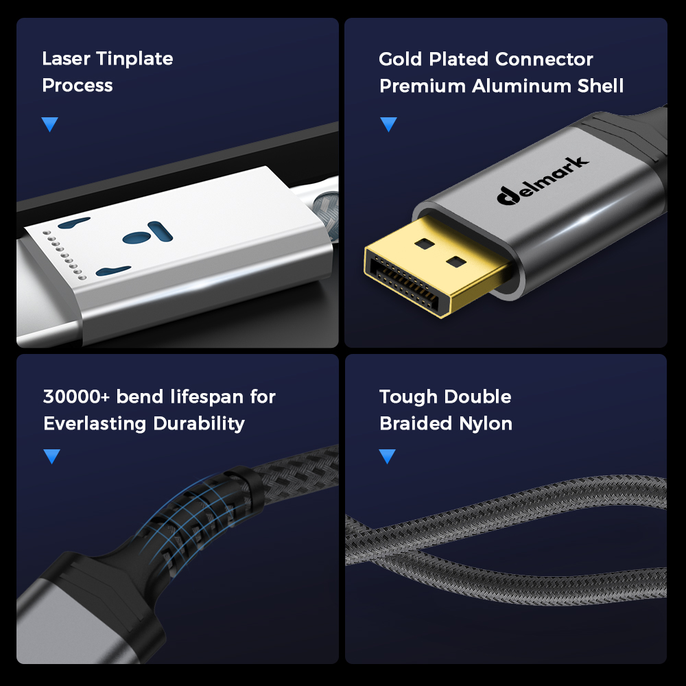 Image shows close-ups of a cable. Features include a gold-plated connector, aluminum shell, and braided nylon. Text highlights durability.
