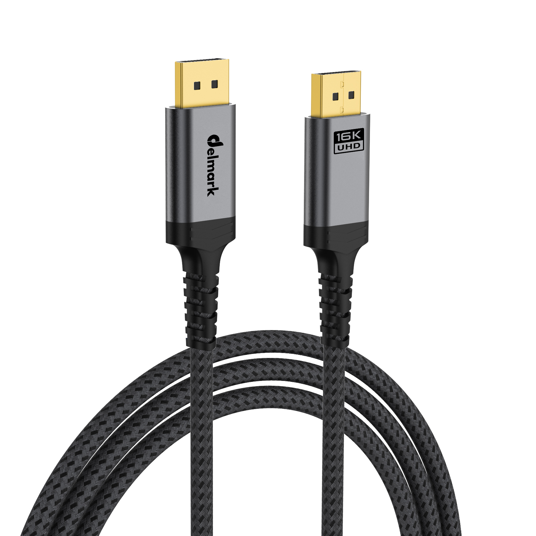 DisplayPort cable with gold connectors and gray housings. The cable is black, braided, and labeled 'delmark' and '16K UHD'.