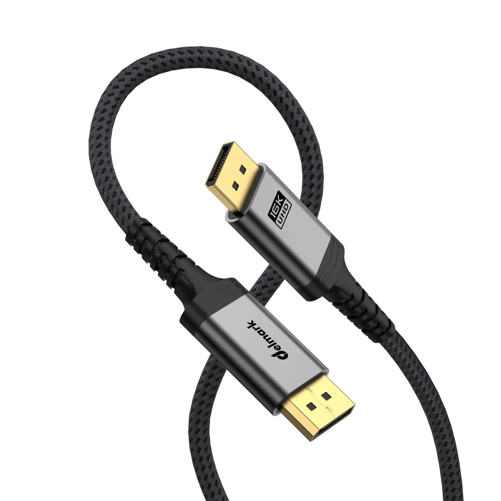 An HDMI cable with gold connectors and a black braided cord. The connectors are silver with the Delmark logo.