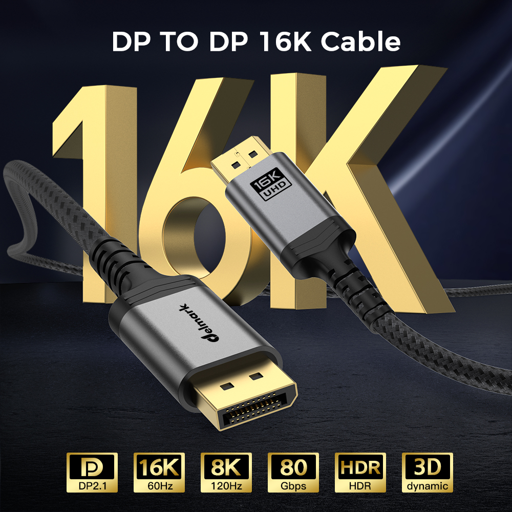 A DP to DP 16K cable with gold 16K letters, gray connectors, and black cable. Specs: 16K 60Hz, 8K 120Hz, 80Gbps, HDR, 3D dynamic.