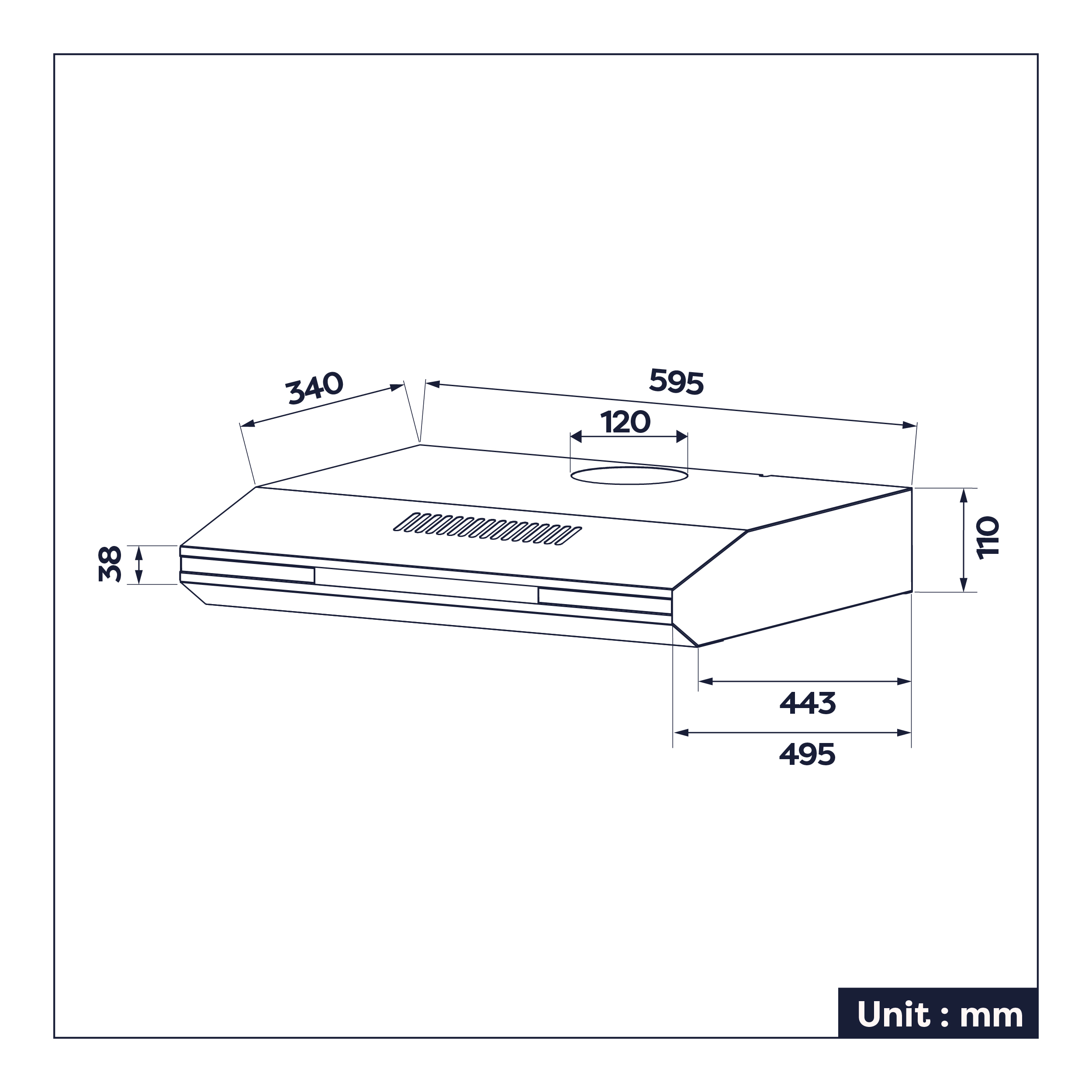 A technical drawing of a kitchen hood with dimensions in millimeters, including width, height, and depth measurements.