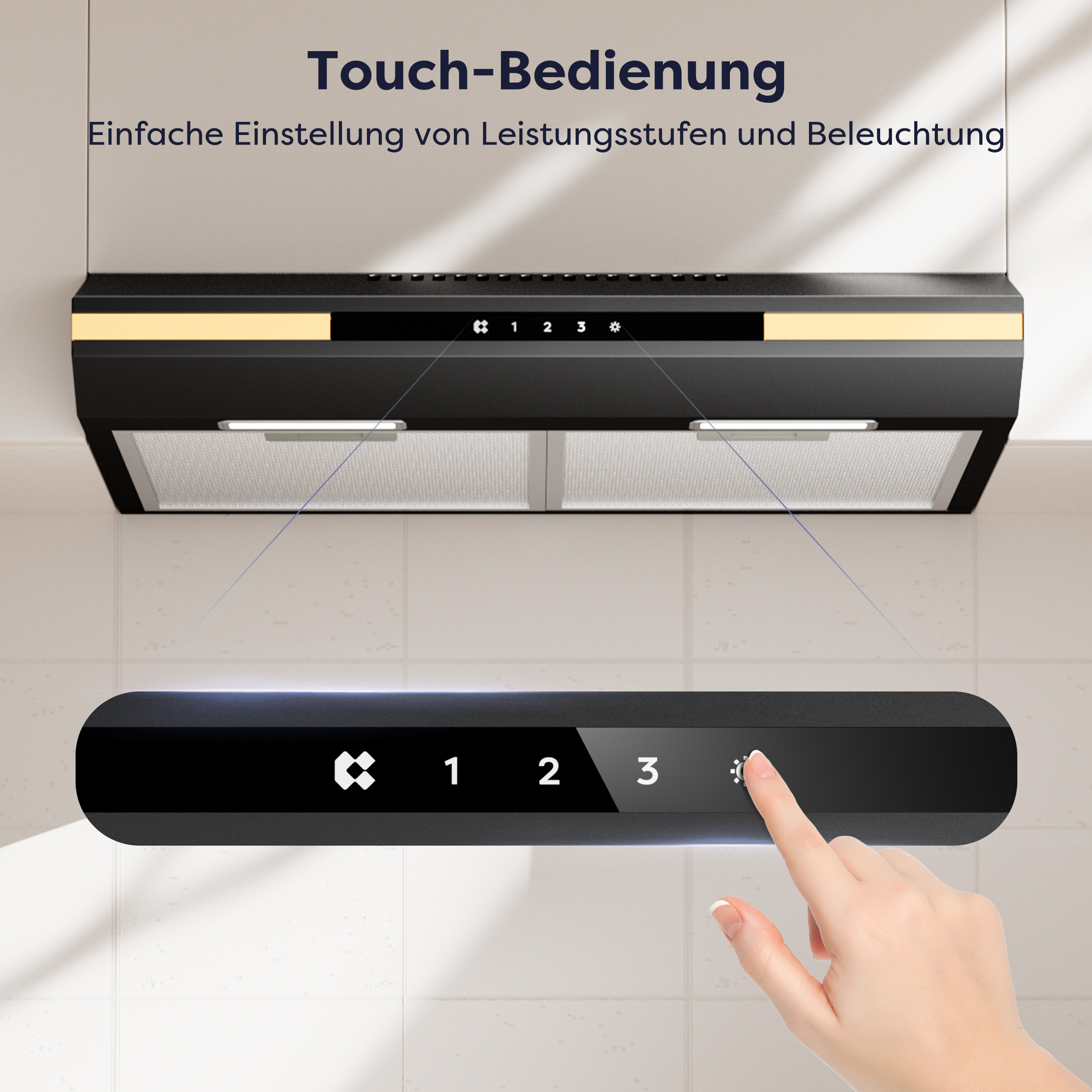 A hand touches a black touch panel of a hood. It has settings for fan speed and light.