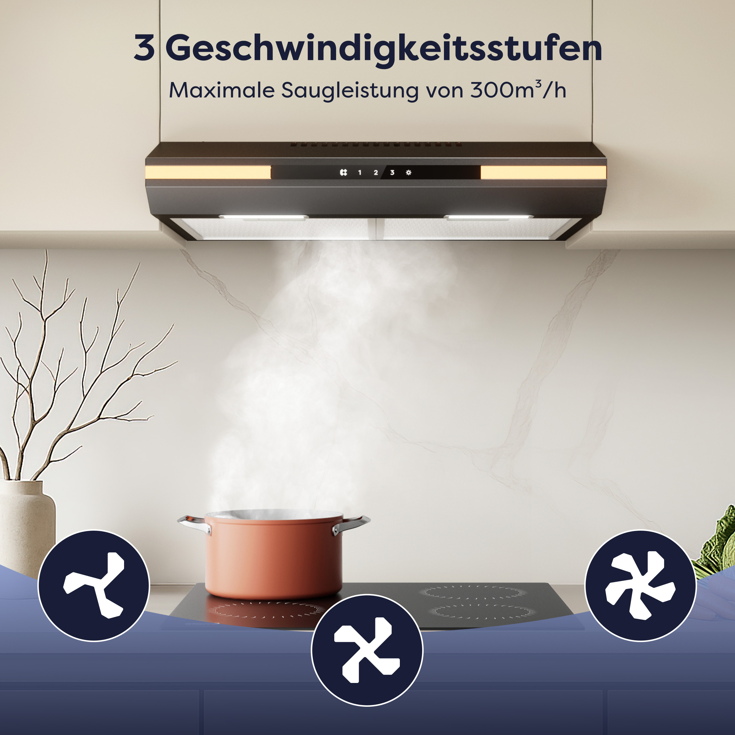 A kitchen scene with a range hood, pot on a stove, and fan icons. Steam rises from the pot.