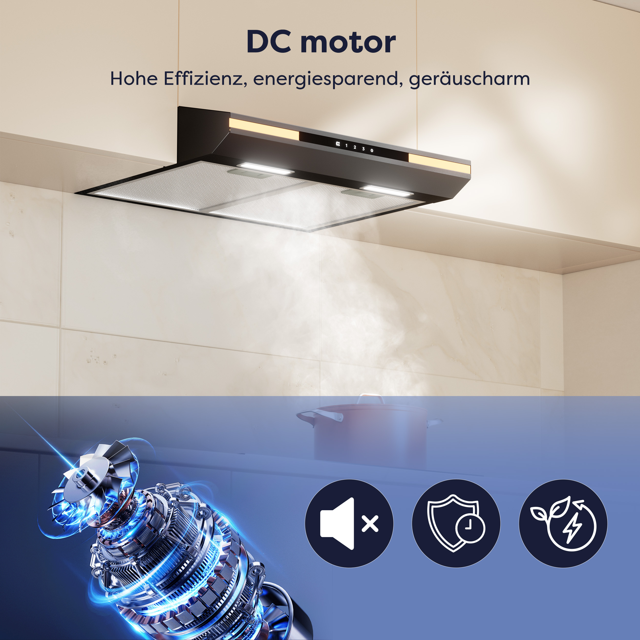 A kitchen range hood with a DC motor, steam, and icons representing silence, protection, and energy saving.
