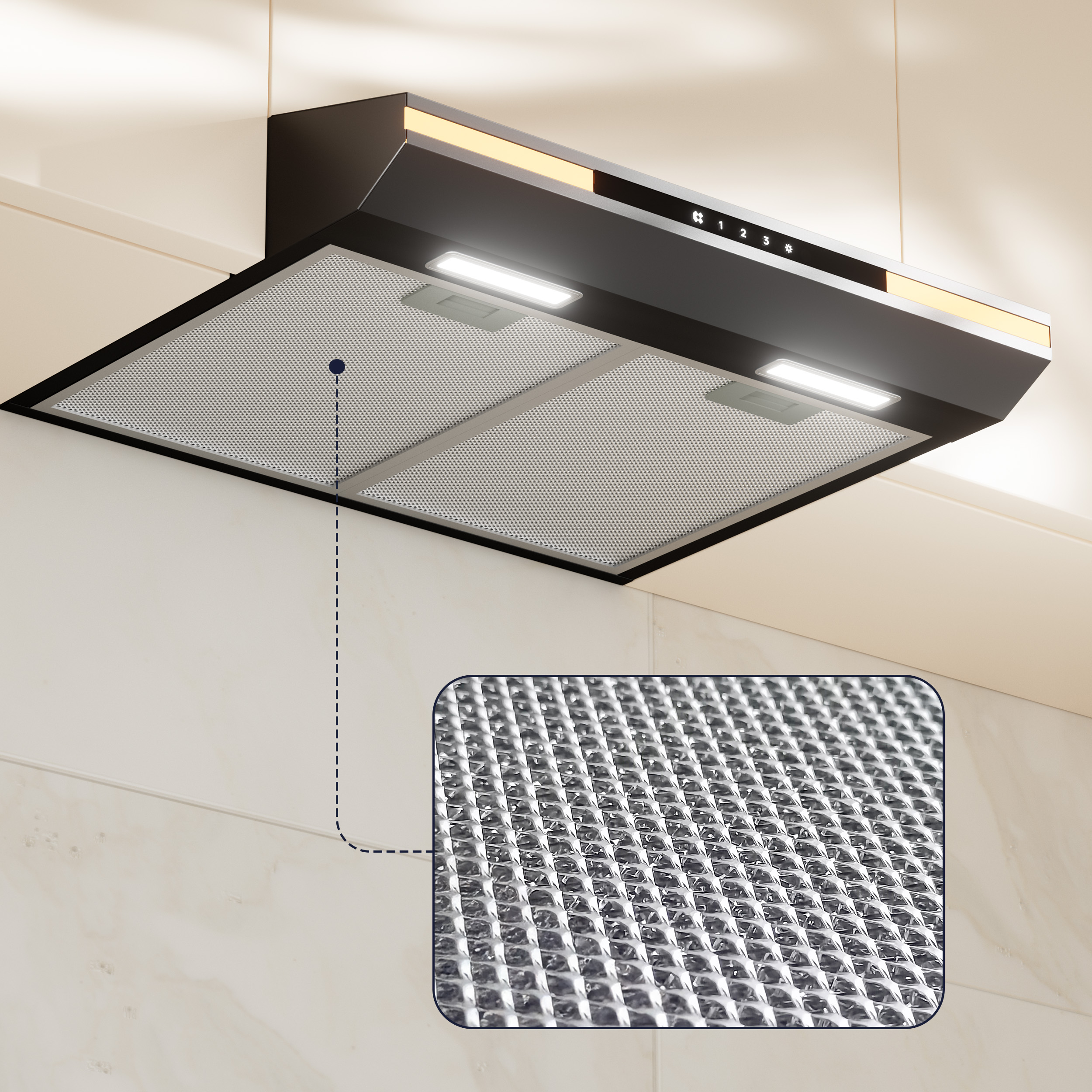 Black and silver kitchen hood with lights, detail of the metal grid, and white background.