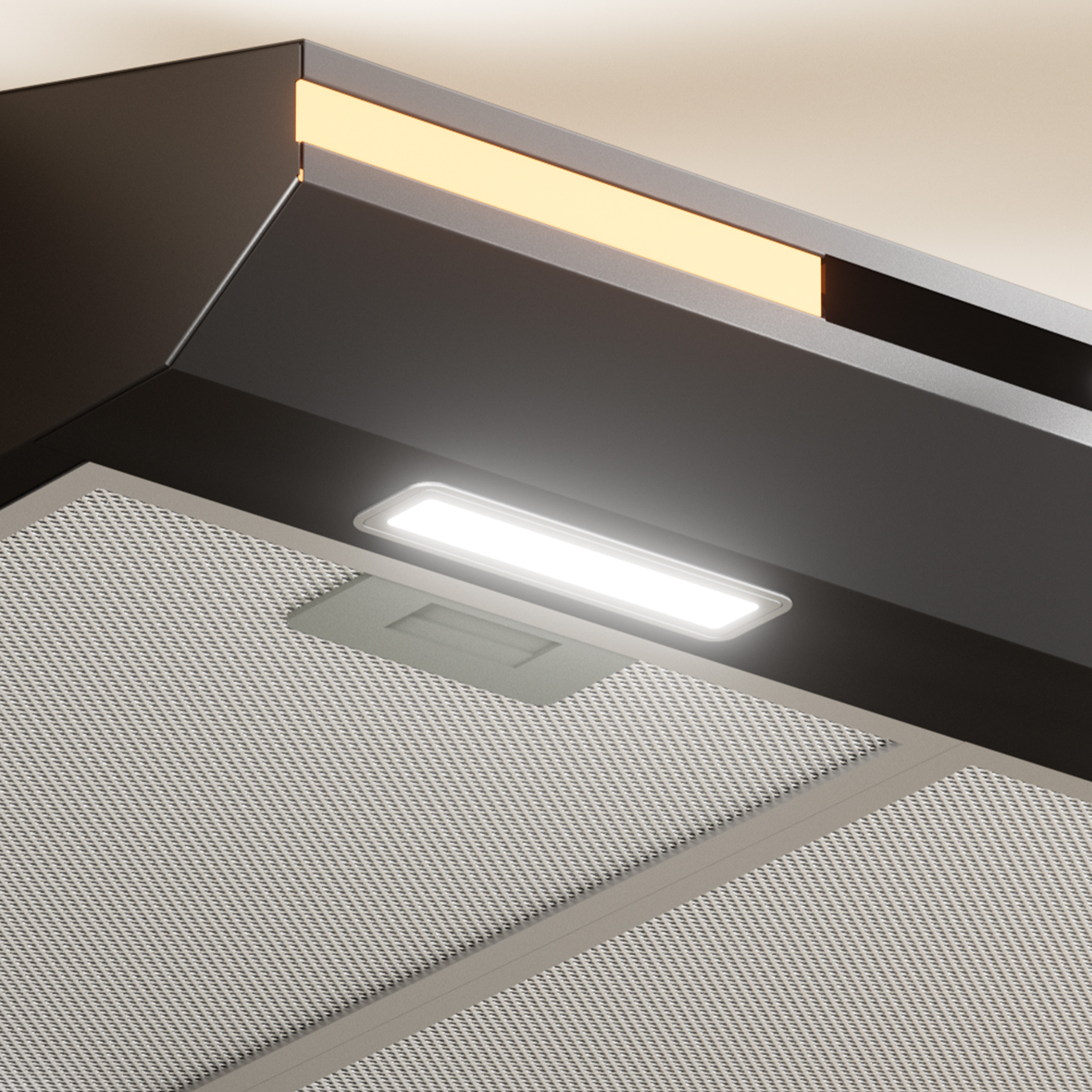 Close-up of a kitchen range hood. It has a light, a metal mesh filter, and an upper section with a light strip.