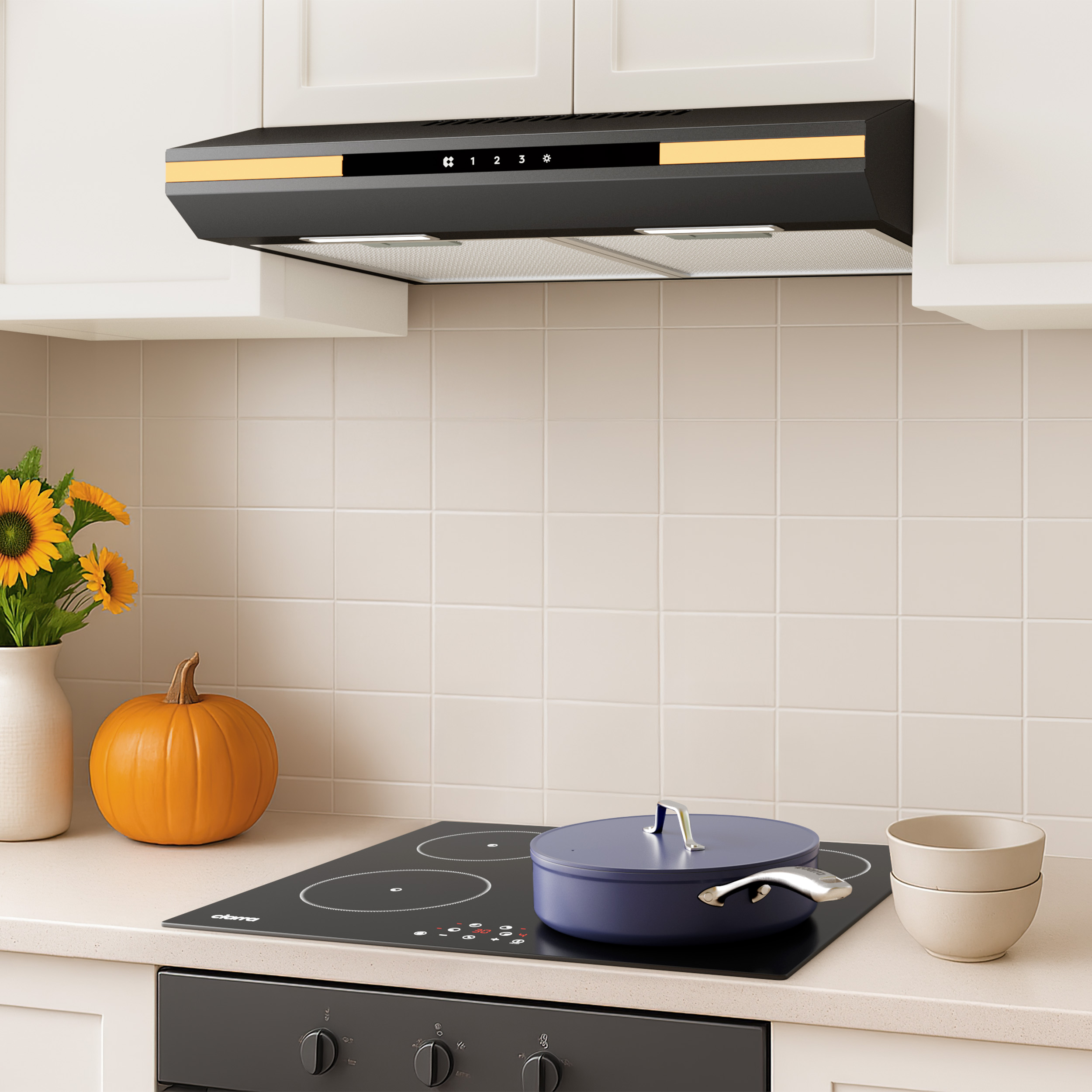 A kitchen scene includes a black range hood, a pumpkin, sunflowers, a pot, and a stovetop.