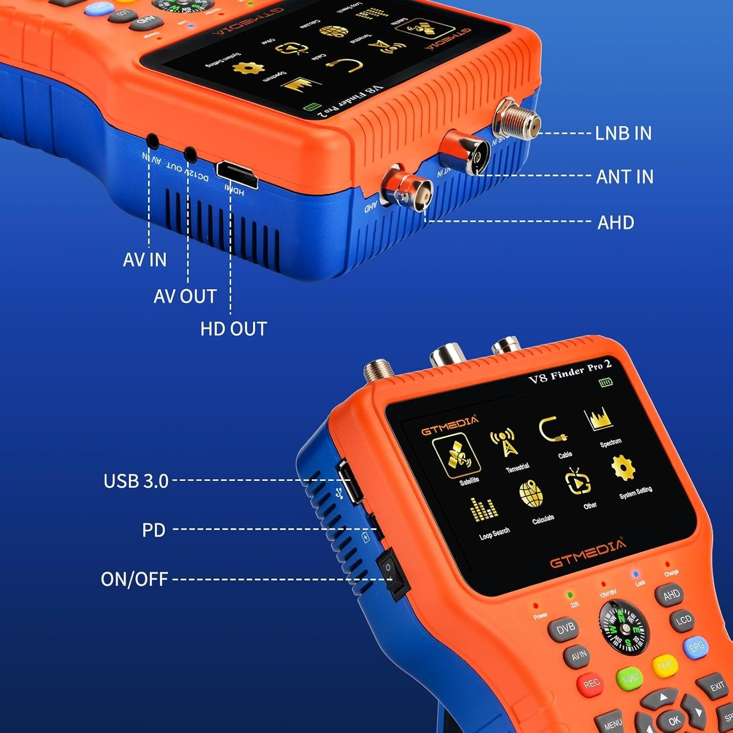 Dispositivo GTMEDIA V8 Finder Pro 2 arancione e blu. Include porte, schermo con icone e pulsanti per varie funzioni.