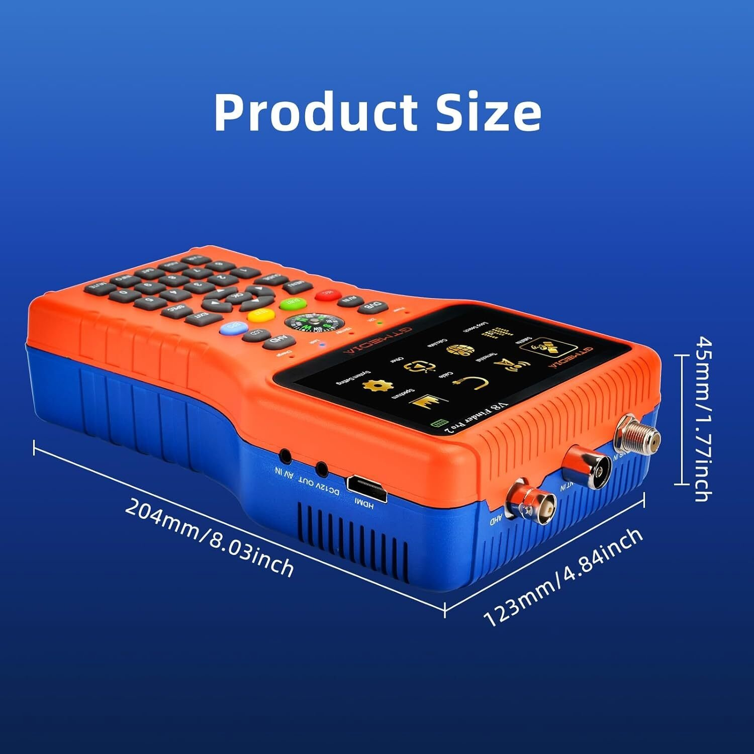Un dispositivo elettronico arancione e blu con l'etichetta 'V8 Finder Pro 2', con dimensioni visualizzate. Tasti e schermo visibili, su sfondo blu.