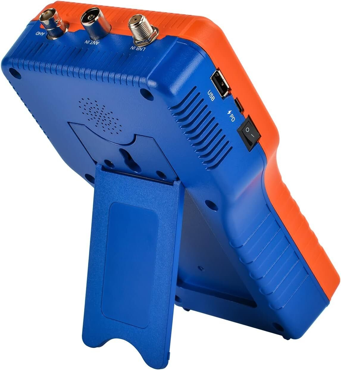 Dispositivo portatile blu e arancione. Ha porte etichettate AHD, ANT/IN e LNB/IN. Sono visibili una porta USB, un pulsante di accensione e un supporto.