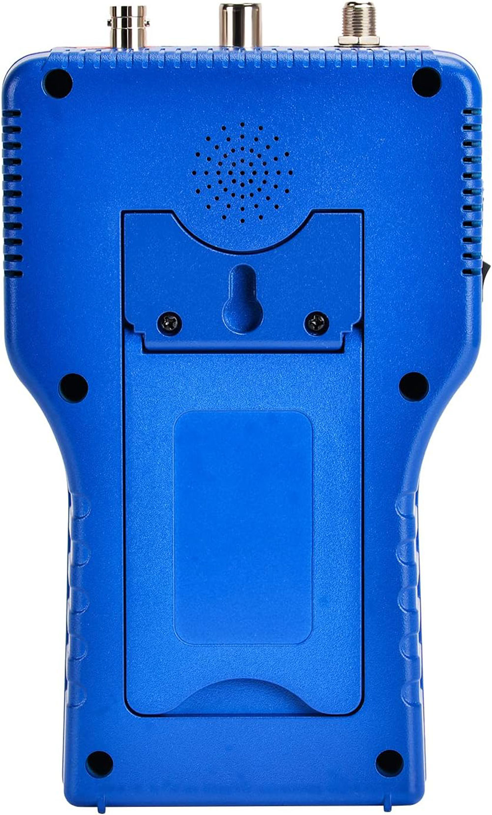 Un dispositivo elettronico blu con diversi connettori, un altoparlante e un vano batteria. Viti e un foro per appendere sono visibili.