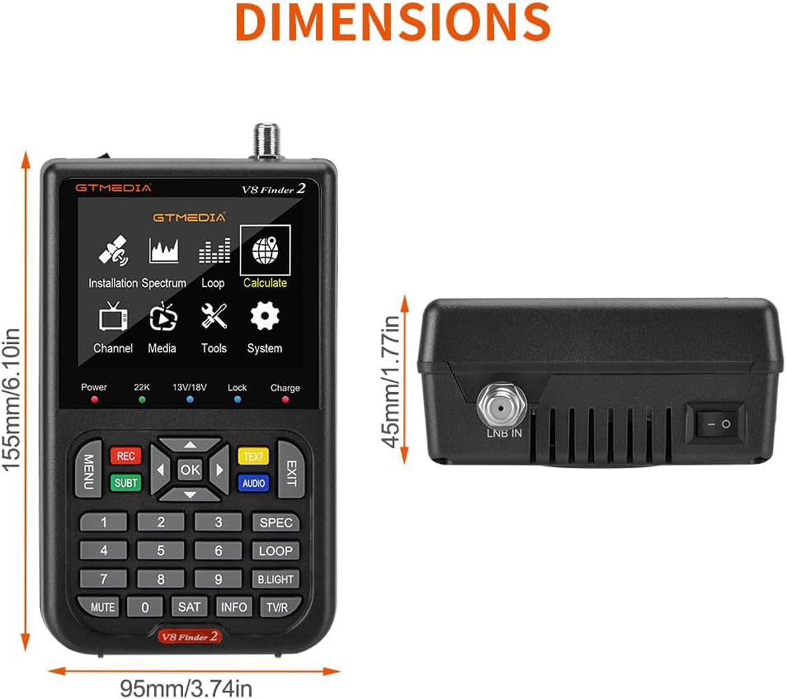 Viene mostrato un dispositivo GTMEDIA V8 Finder 2 nero, con dimensioni etichettate. Ha uno schermo, pulsanti e un'antenna in alto.