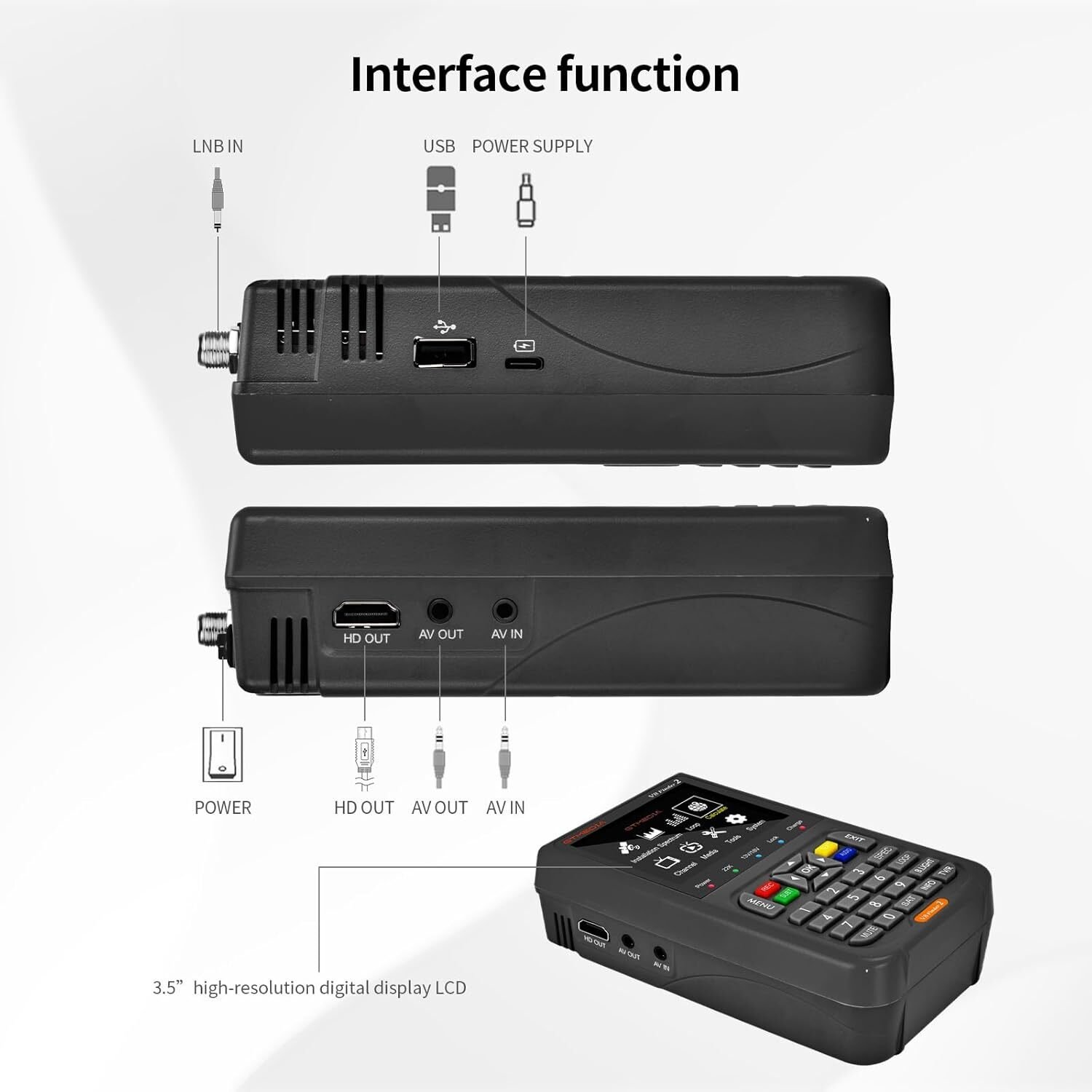 Ricevitore TV digitale nero con porte e pulsanti, display LCD da 3,5" e telecomando con tastiera.