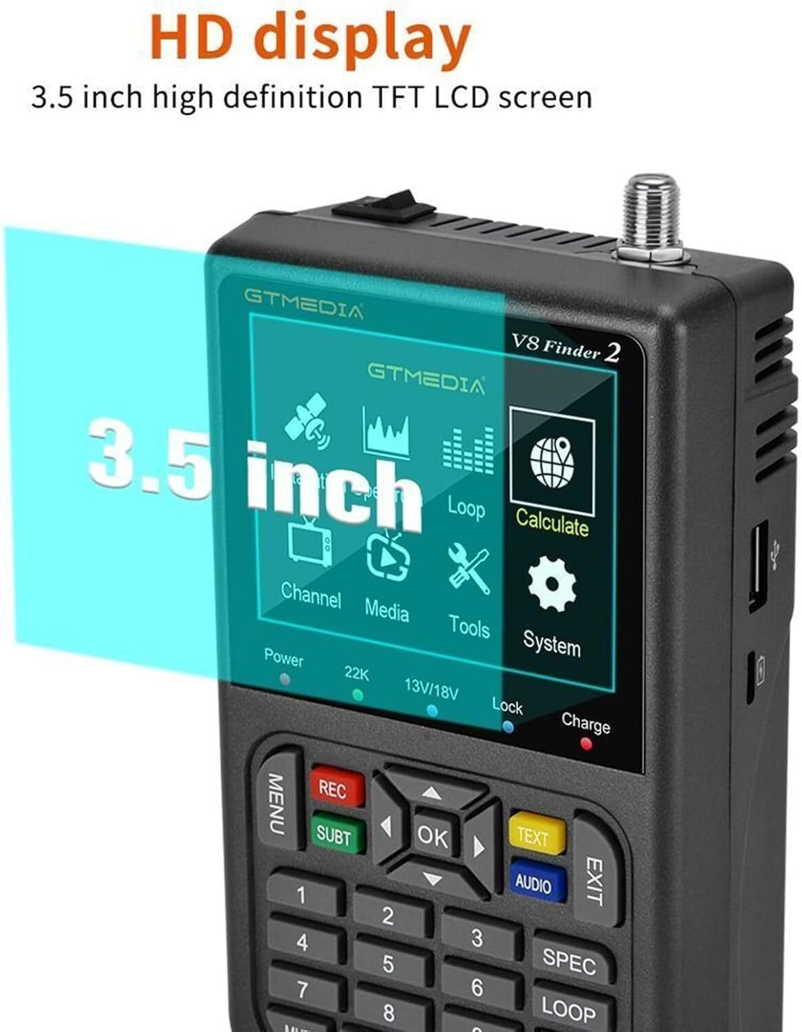 Un dispositivo nero GTMEDIA V8 Finder 2. Ha uno schermo con icone e testo, una tastiera con pulsanti e un connettore nella parte superiore.