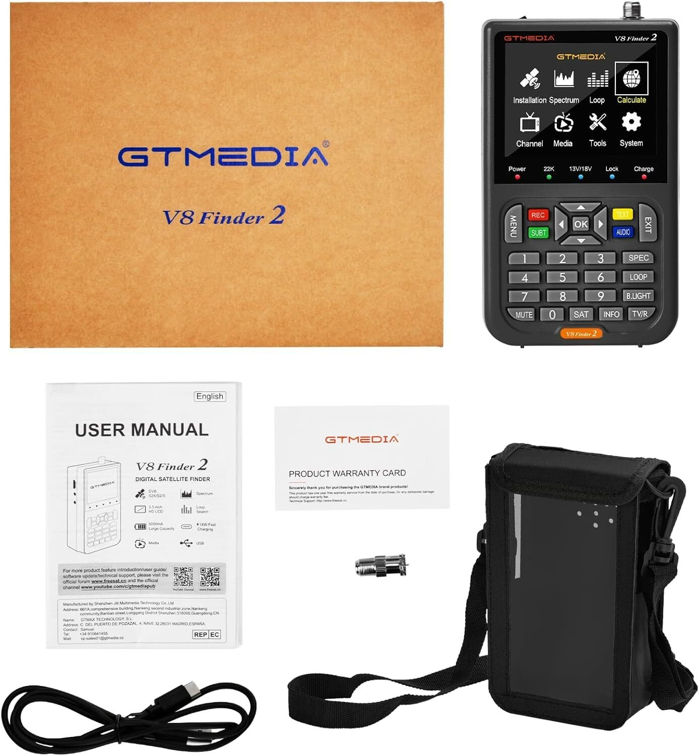 Scatola prodotto, dispositivo, manuale, scheda garanzia, borsa e cavo su superficie bianca.