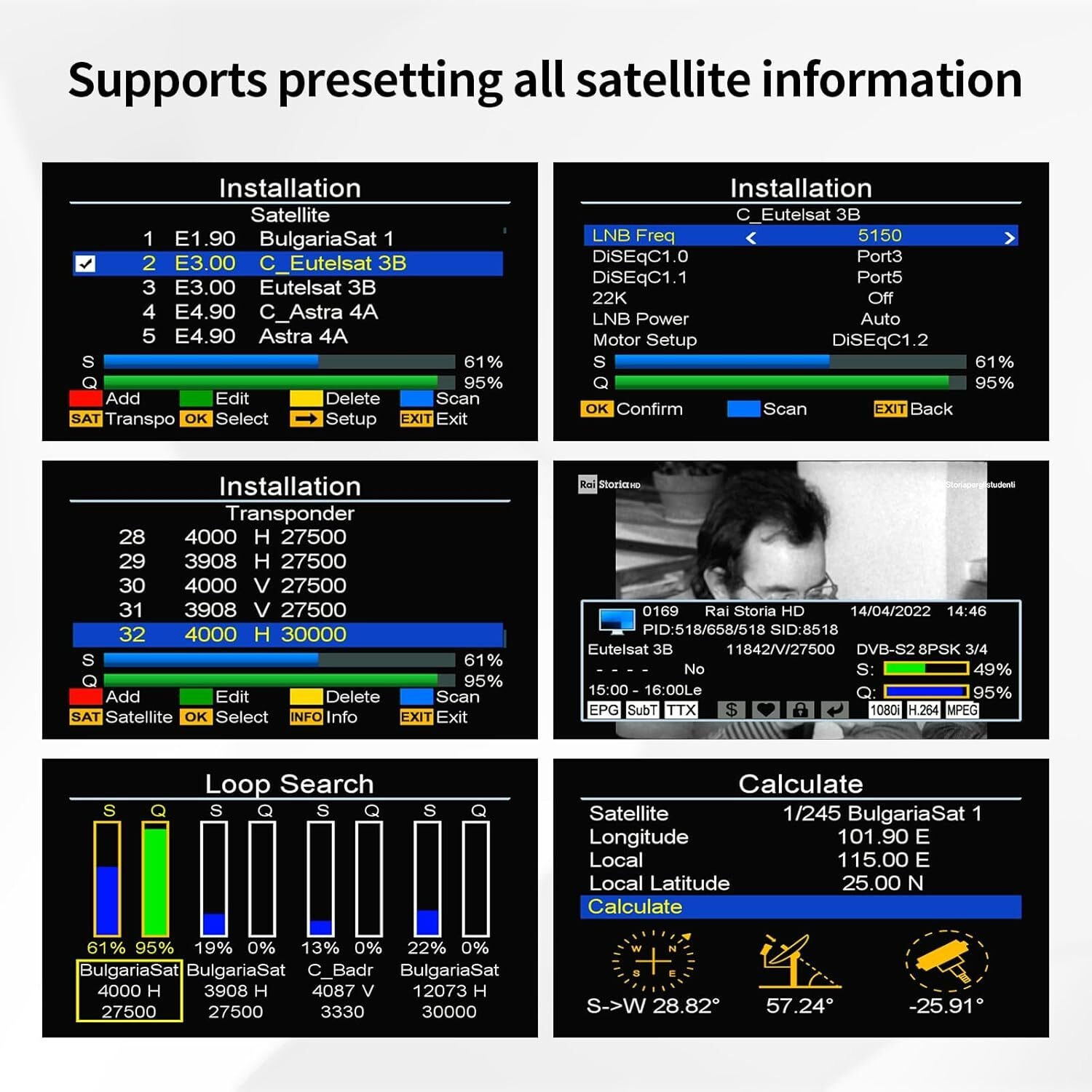 Interfaccia ricevitore satellitare con menu per installazione, ricerca e calcolo parametri satellitari.