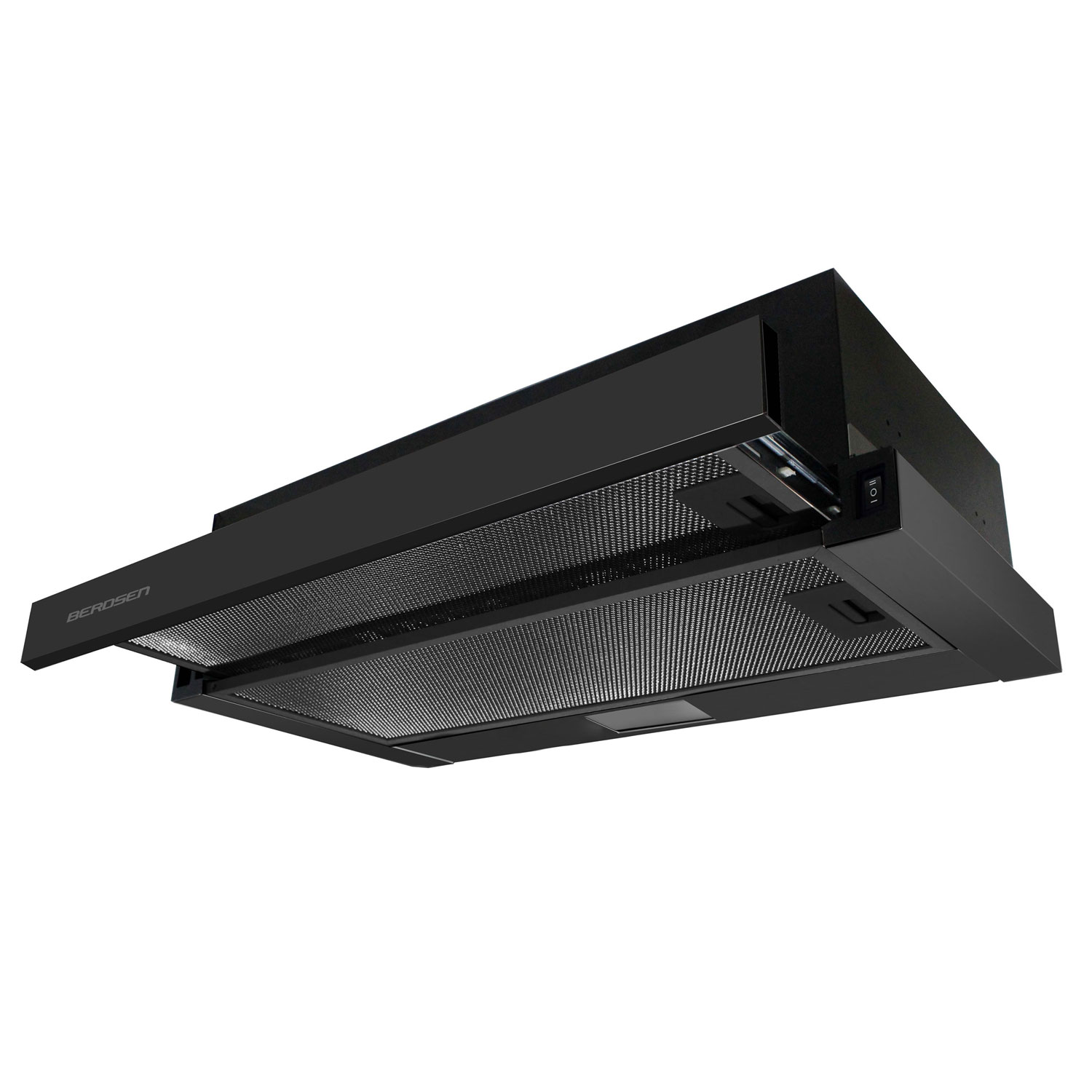 Pokazano czarny okap kuchenny BEROSEN. Ma filtr z siatki metalowej i panel sterowania z włącznikiem/wyłącznikiem. Tło jest białe.