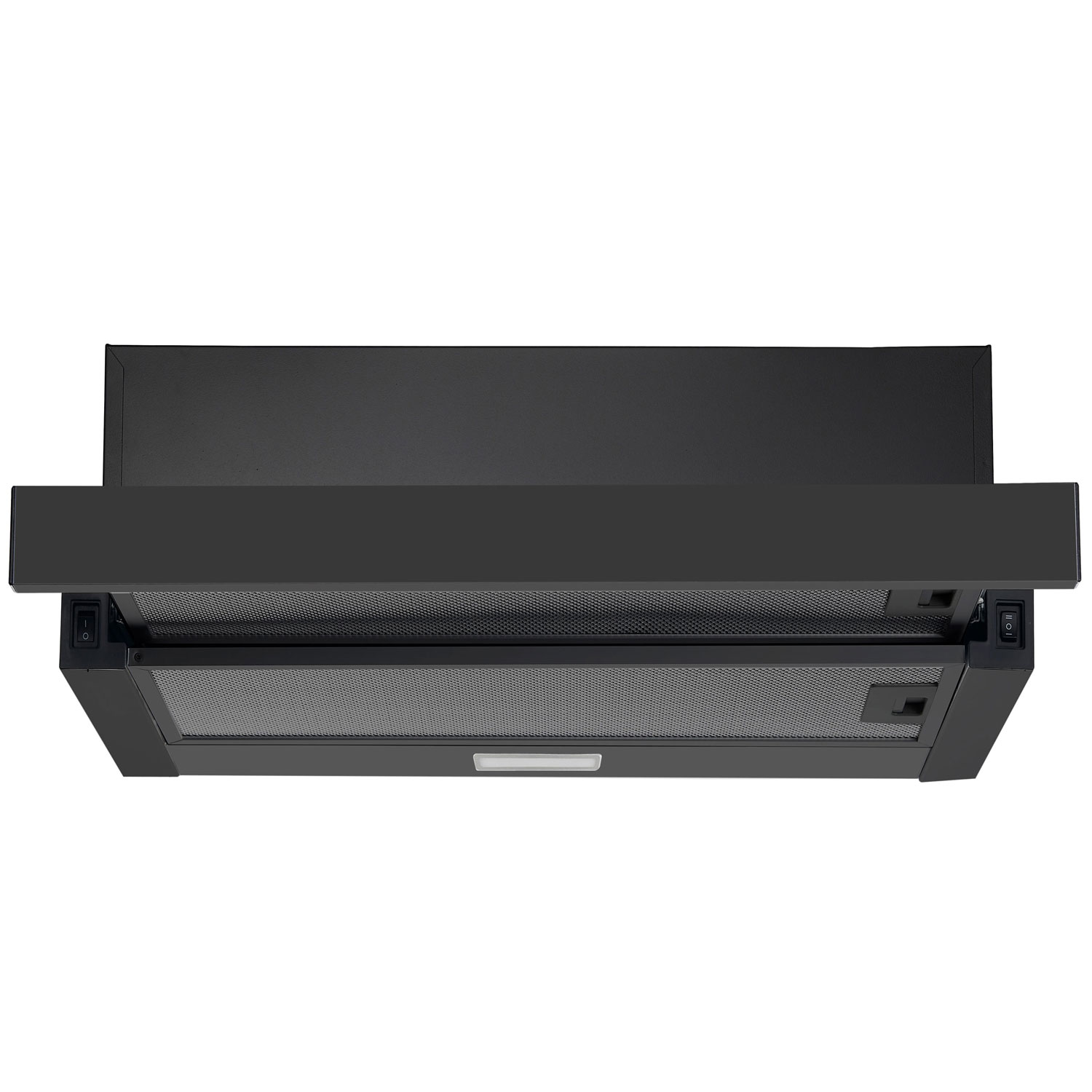 Czarny okap kuchenny na białym tle. Ma filtr siatkowy, światło i dwa przyciski zasilania.